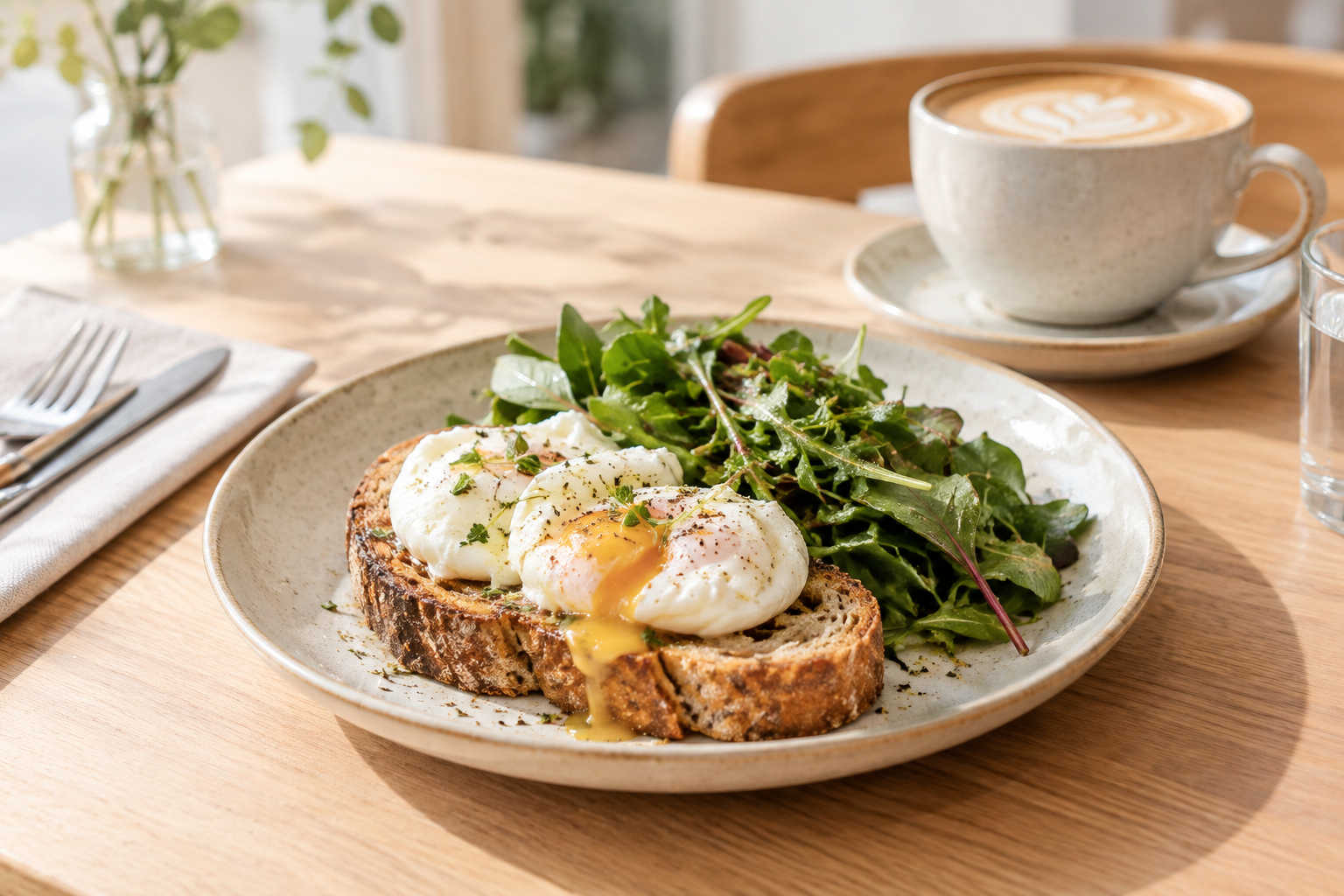 Rustic breakfast plate with toasted sourdough, soft eggs, and greens