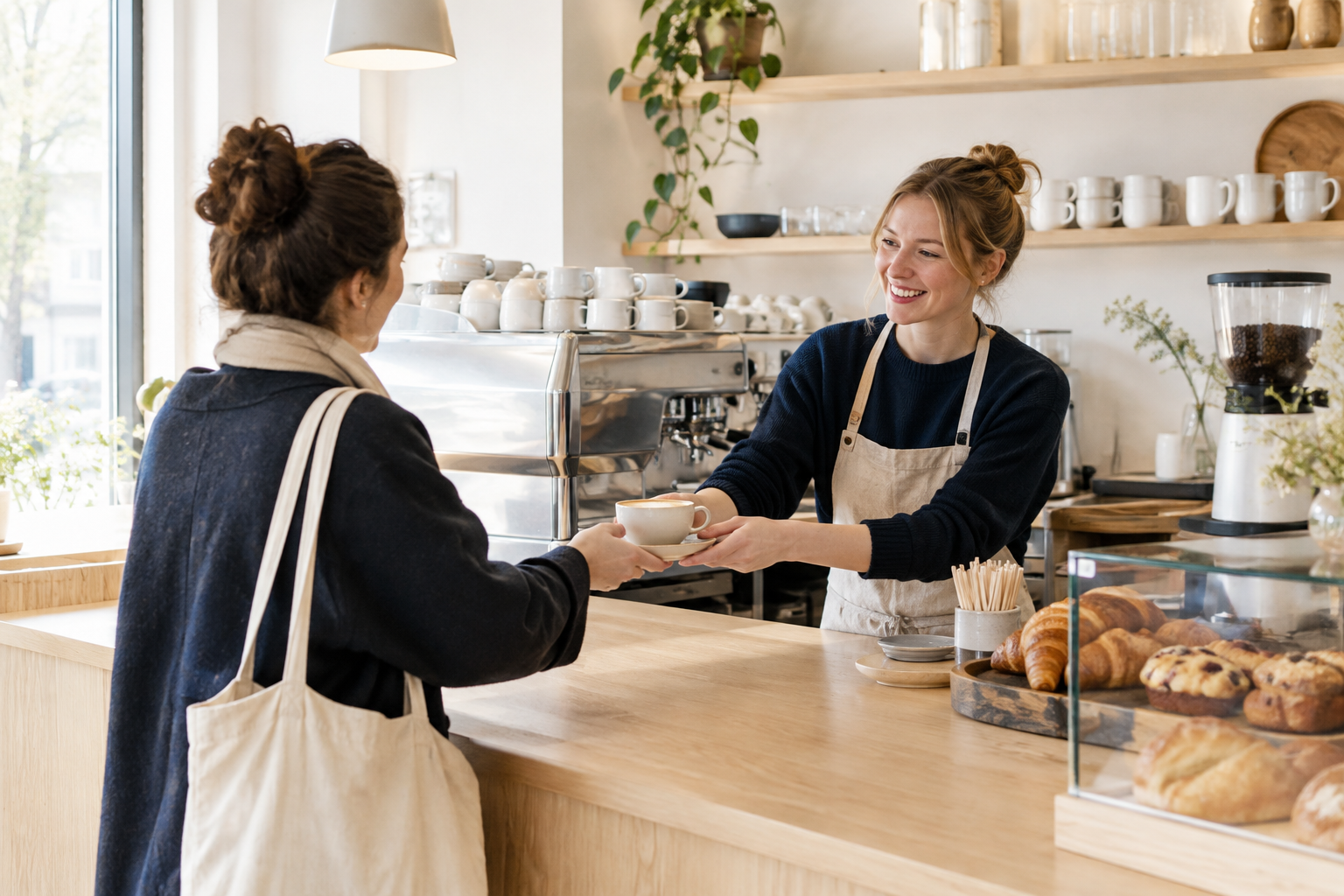 A welcoming cafe counter with espresso cups and a barista at work