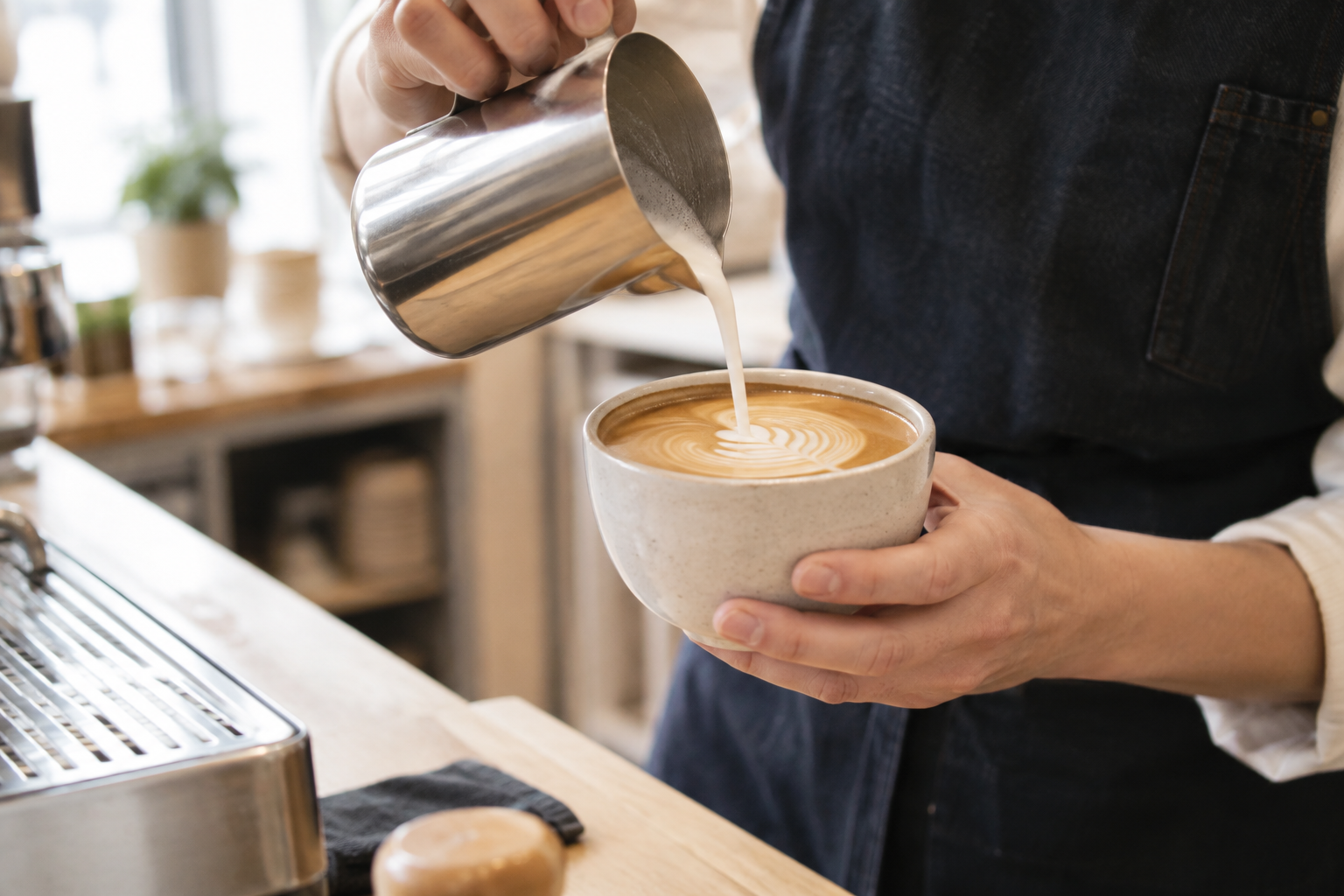 Barista pouring silky steamed milk into a freshly pulled espresso