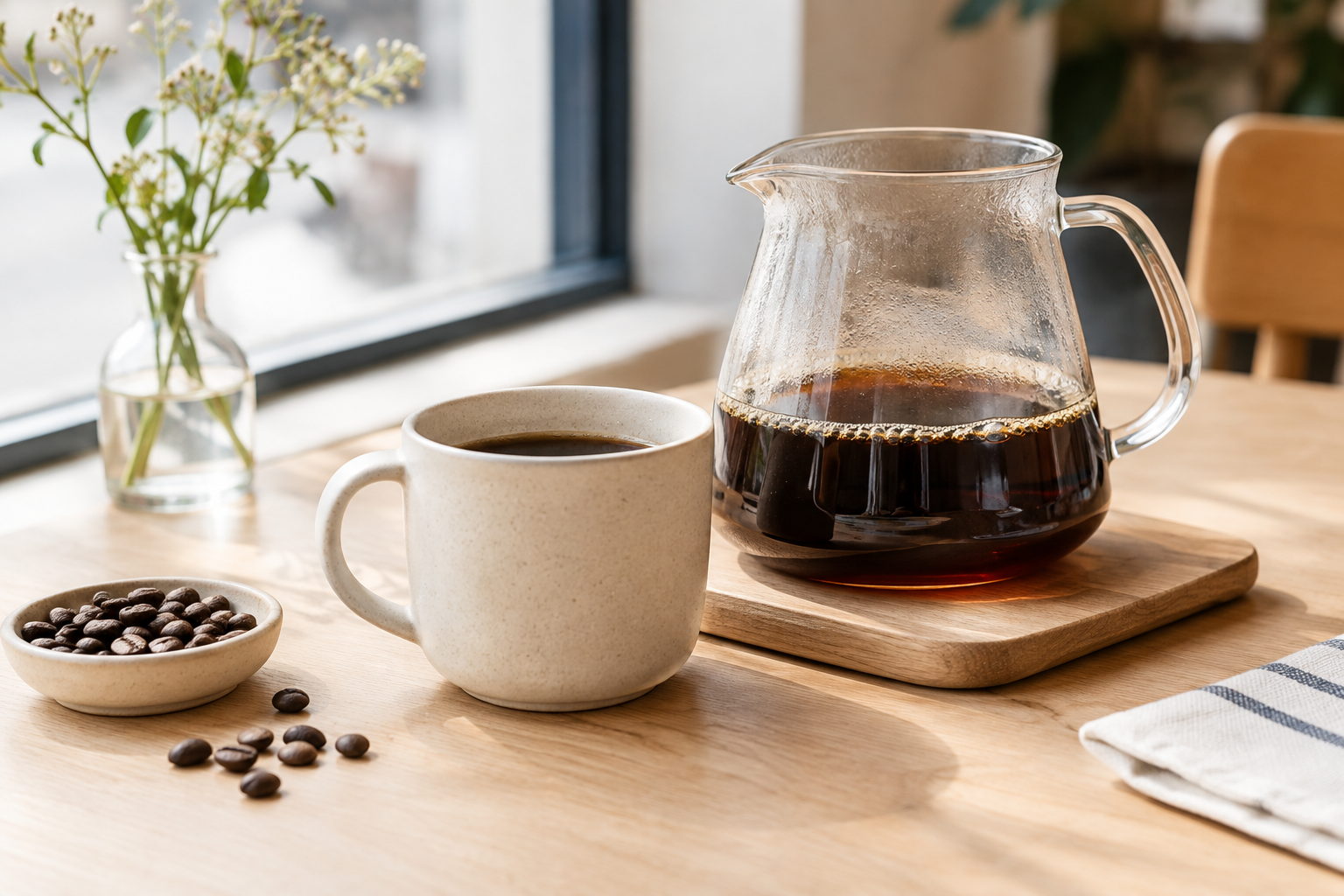 Hand-poured filter coffee in a clear glass server beside a ceramic cup