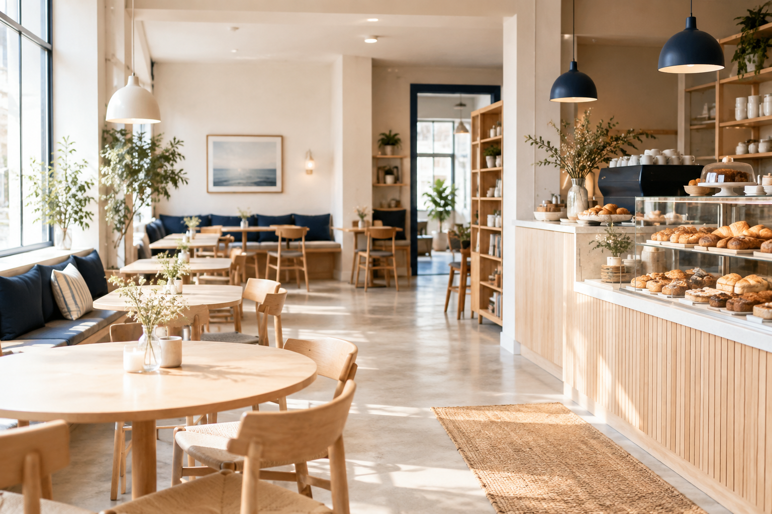 Bright natural-light cafe interior with light wood, off-white surfaces, navy accents, pastries on display, and an inviting seating area