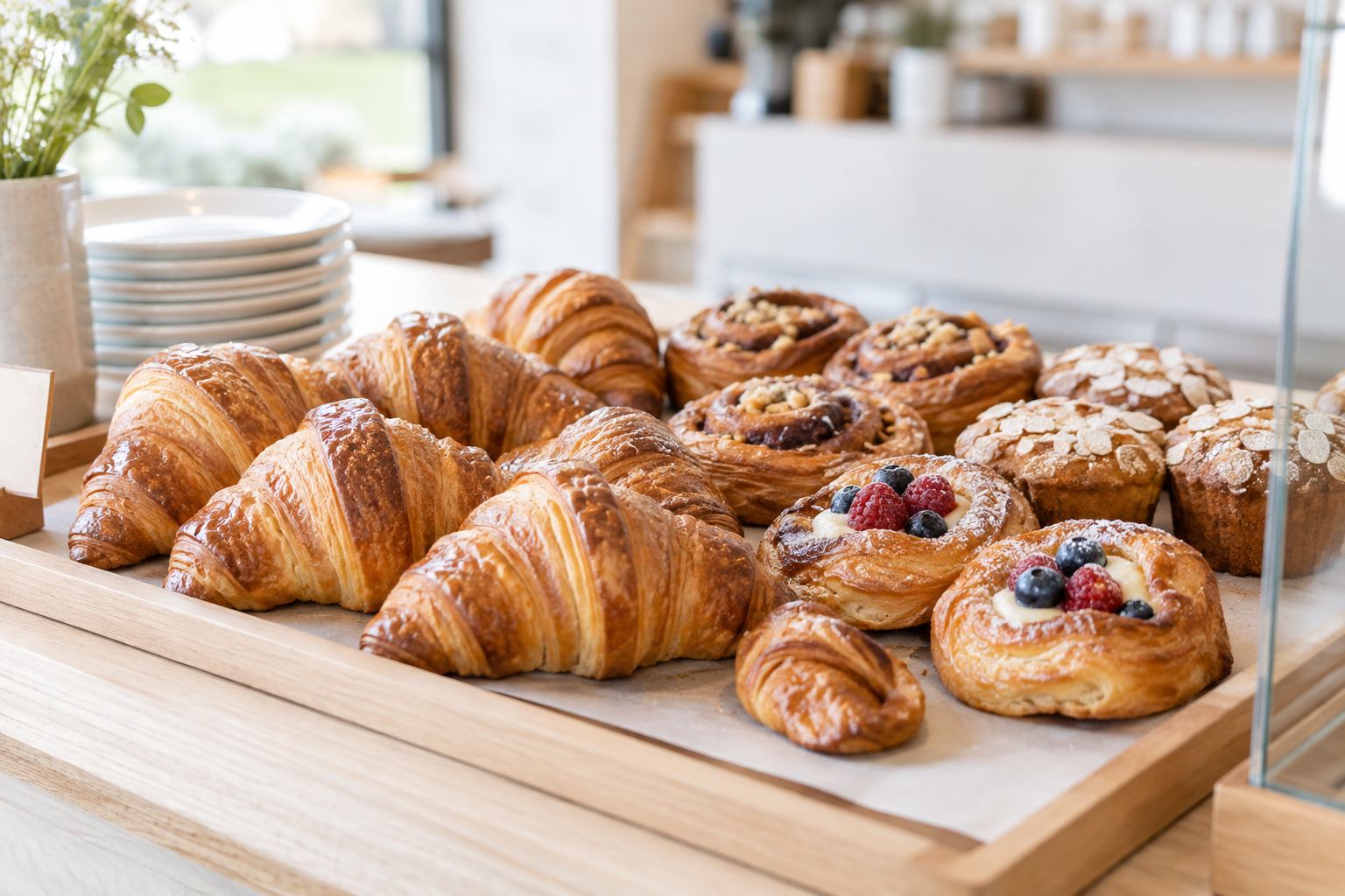 Golden flaky croissants and small pastries arranged on a bakery tray