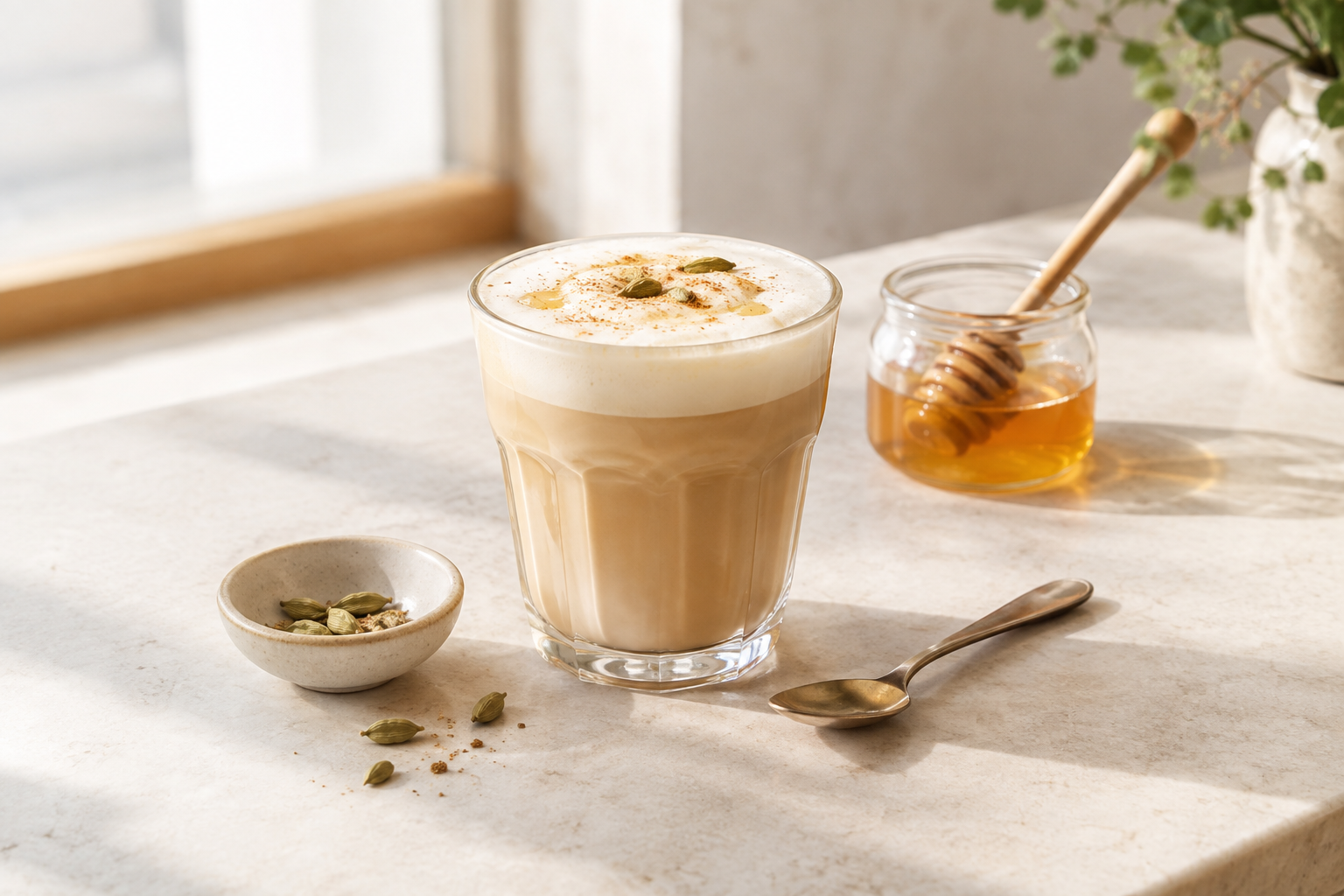 Creamy cardamom honey latte topped with delicate foam beside a small spoon