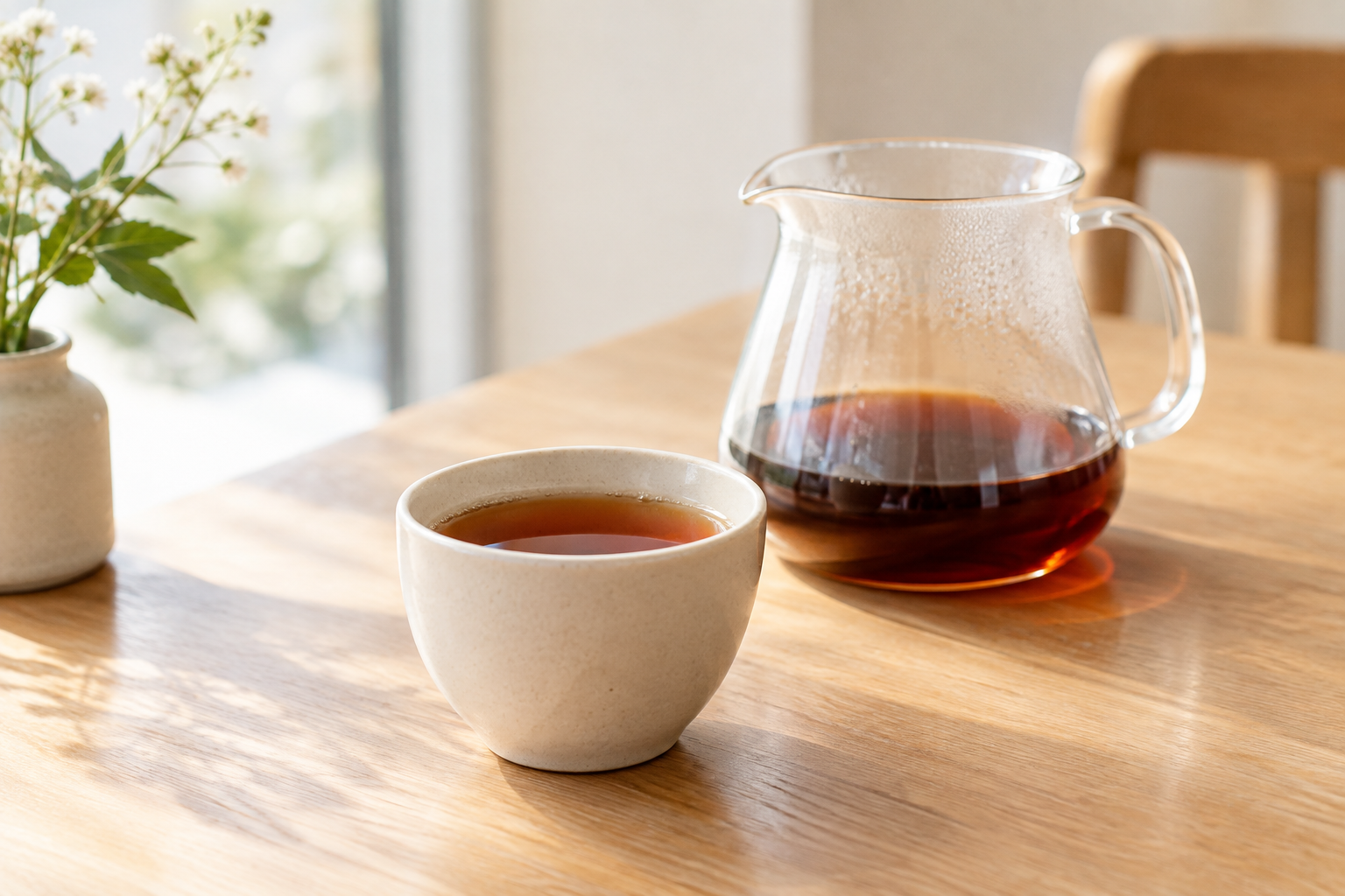 Freshly poured light-roast Ethiopian filter coffee in a ceramic cup