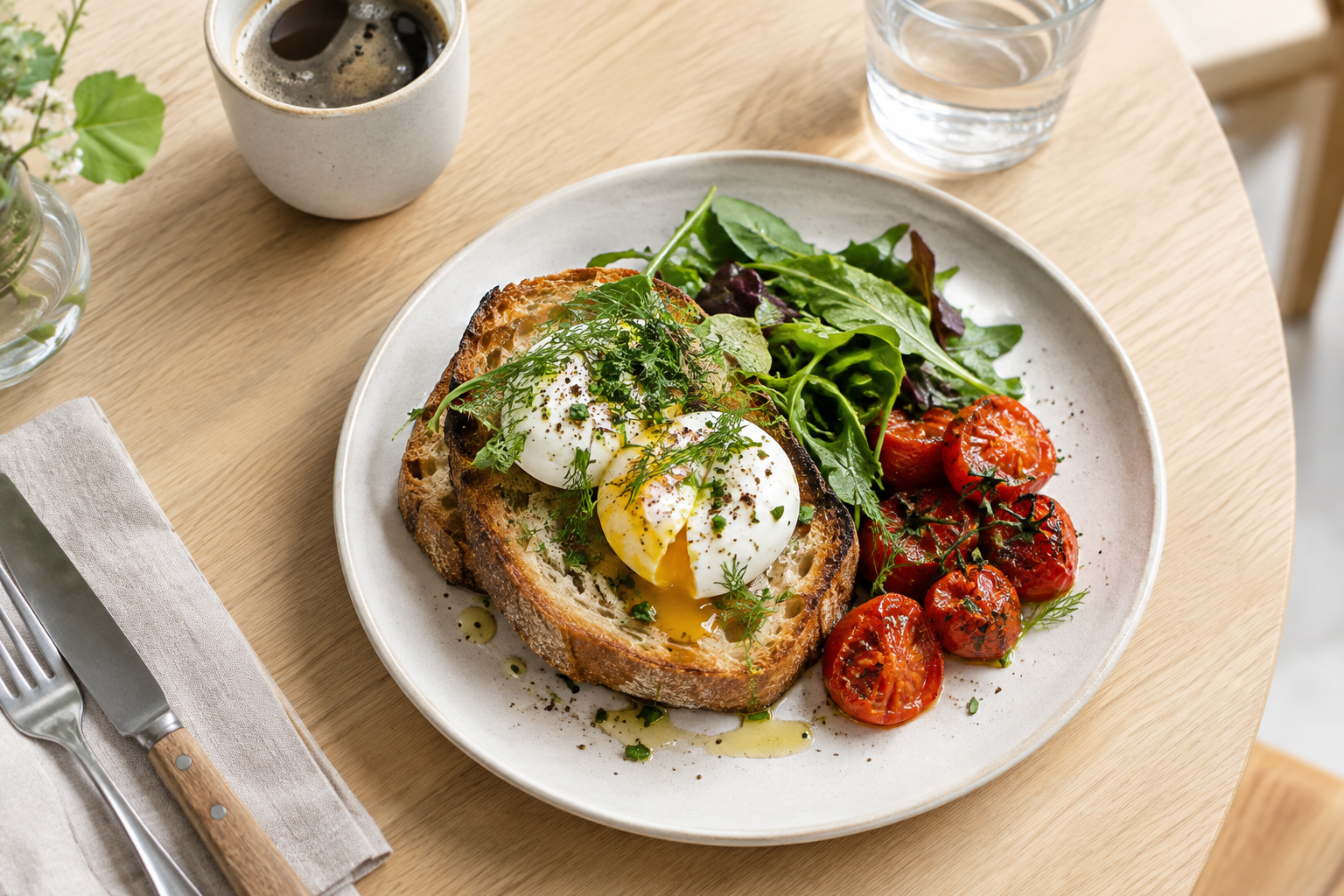 Sourdough breakfast plate with soft eggs, greens, and roasted tomatoes