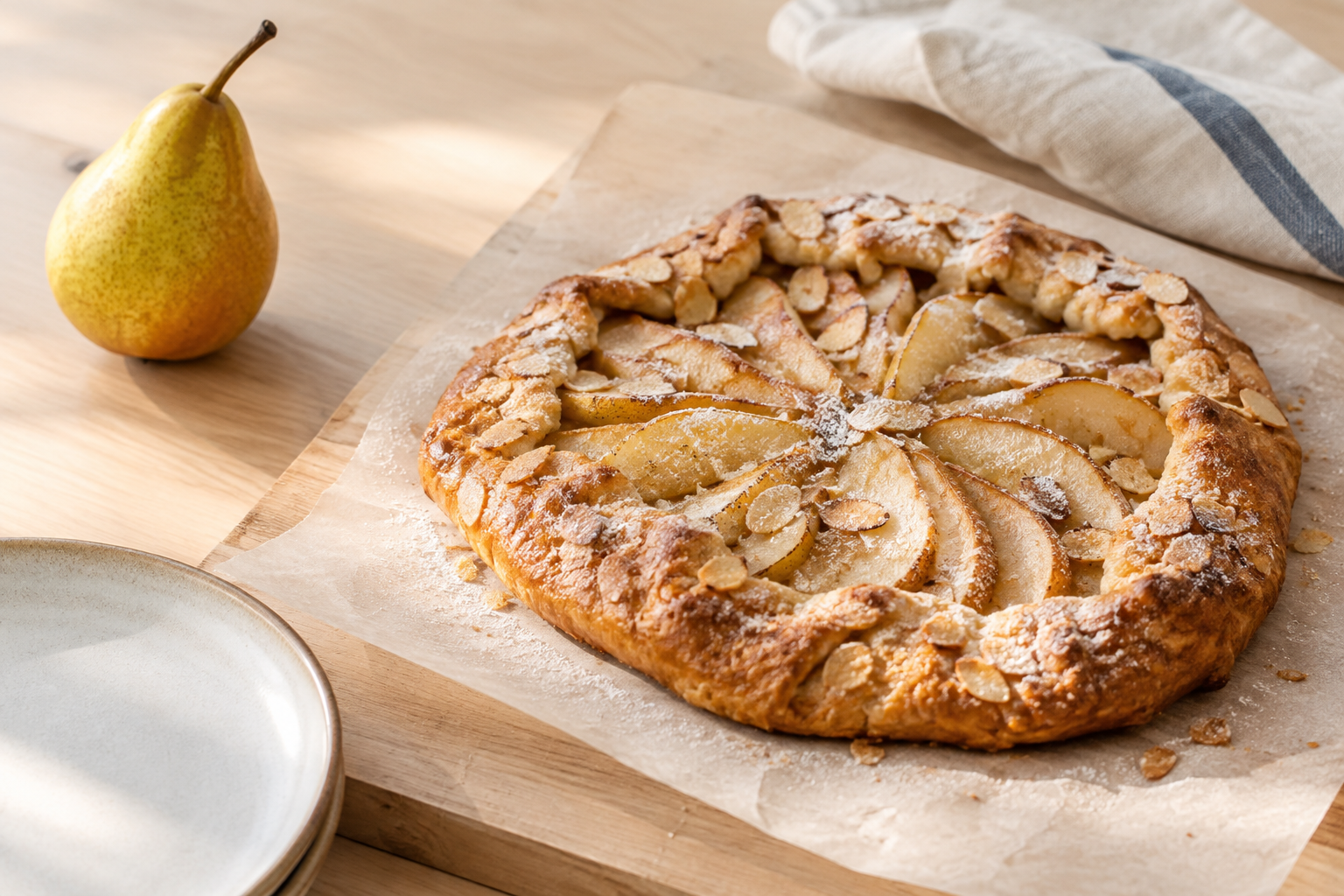 Golden pear galette with crisp pastry edges and a lightly sugared crust