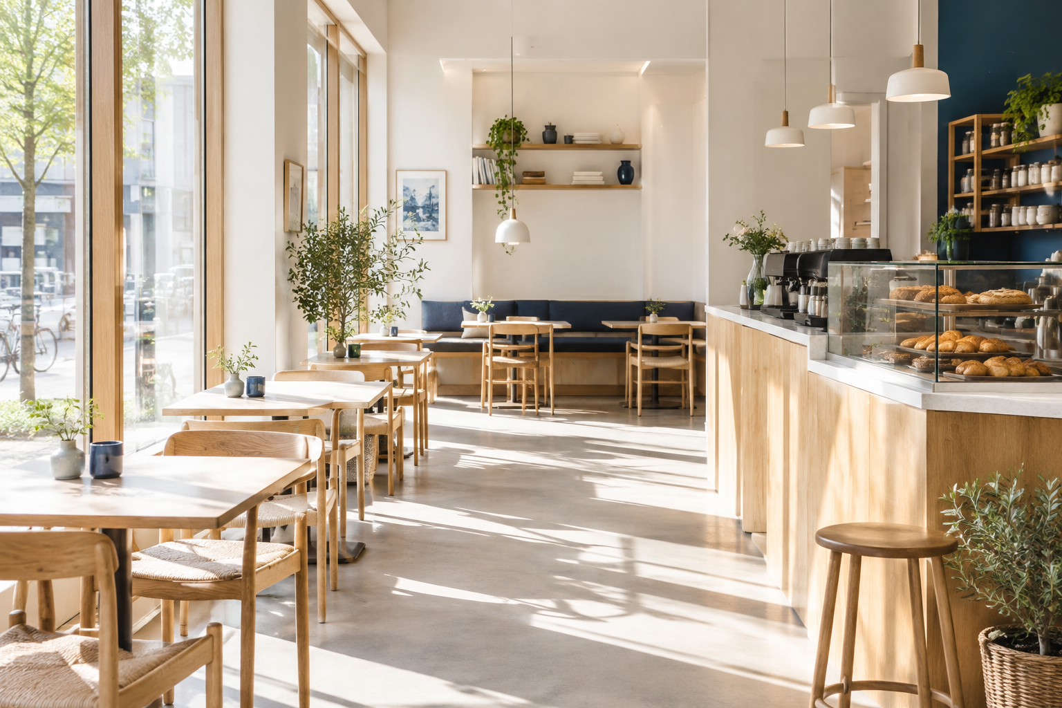 Bright Scandinavian-inspired cafe interior washed in gentle morning light