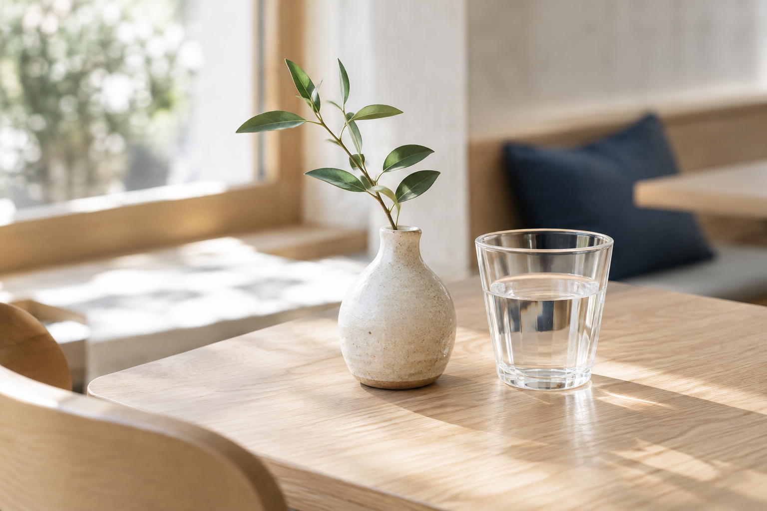 Small ceramic vase and water glass on a natural wood cafe table