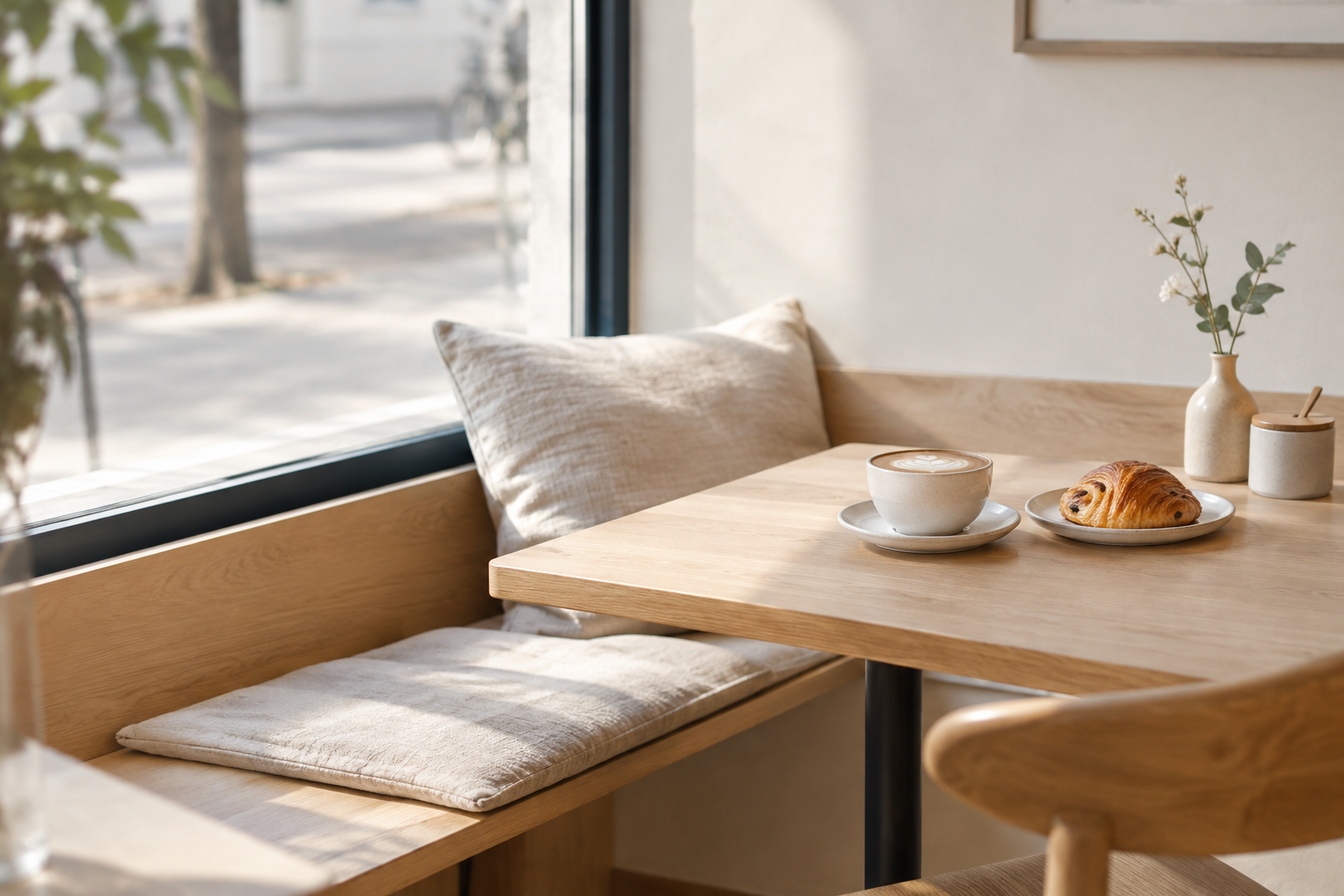 Quiet cafe window seat with a pale oak table and a folded linen cushion