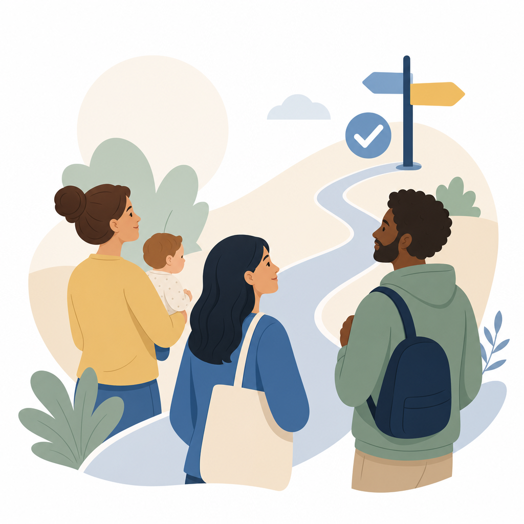 Illustration vectorielle apaisante montrant trois parents reliés par un chemin souple vers un point d’orientation, symbolisant l’écoute, la guidance et l’avancée pas à pas
