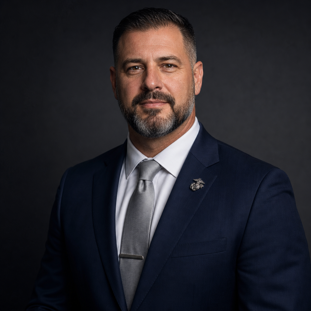 Professional portrait of a calm, middle-aged Marine Corps veteran in a navy suit with a silver tie, softly lit against a dark neutral background