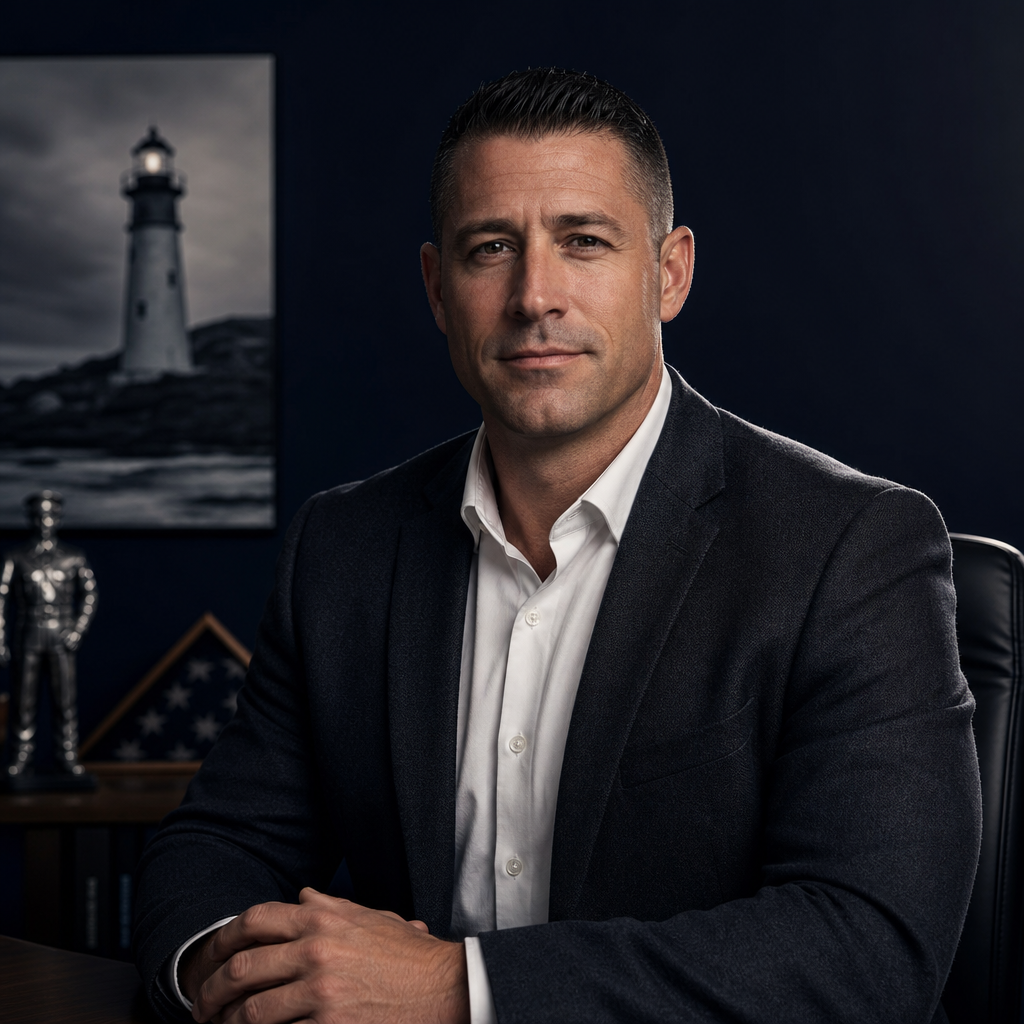 Modern office portrait of a retired police officer with short dark hair wearing a charcoal blazer and white shirt, moody navy backdrop