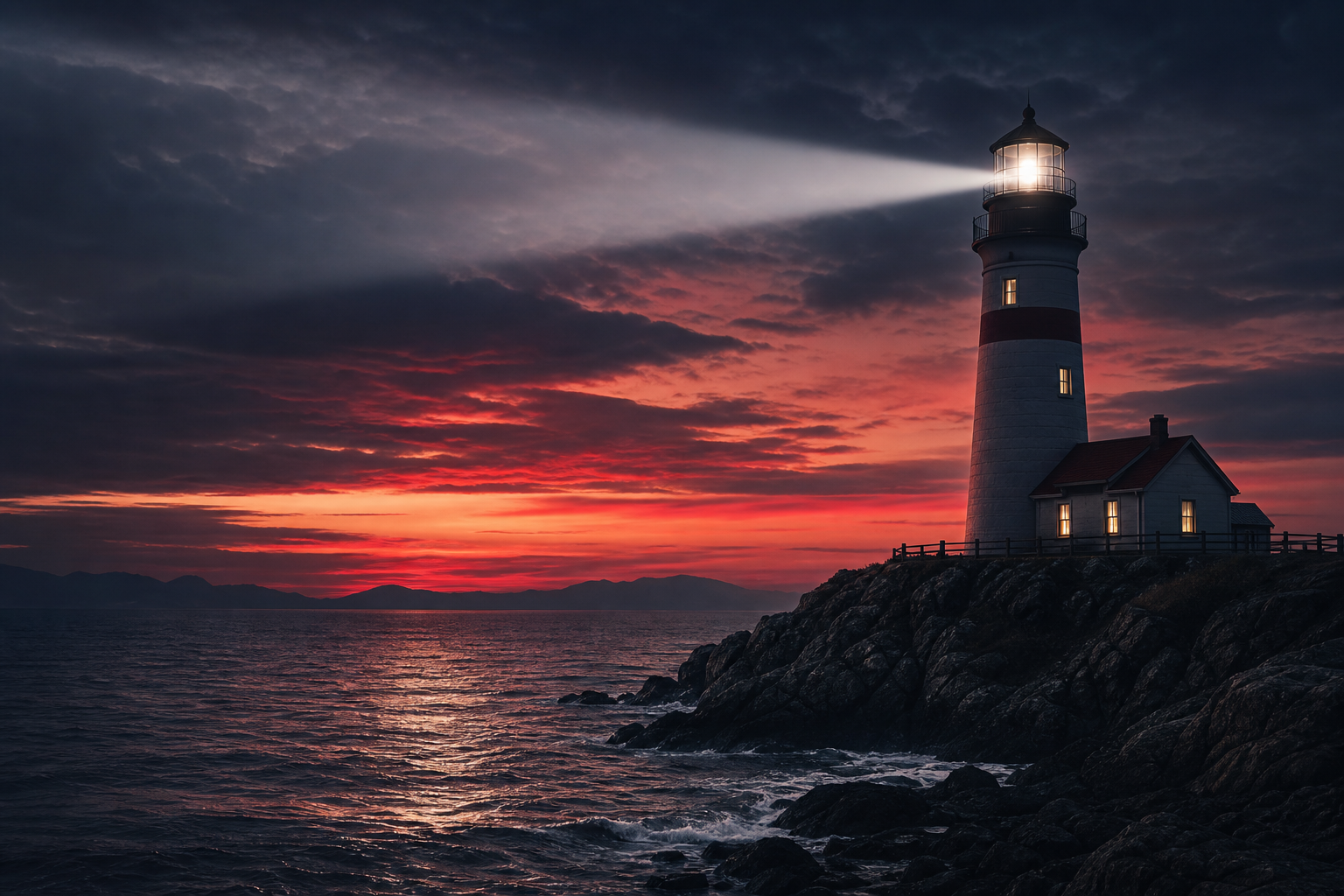 Cinematic lighthouse on a rugged shoreline at dusk with a red-tinged sunset sky and a sweeping beam of light across dark water