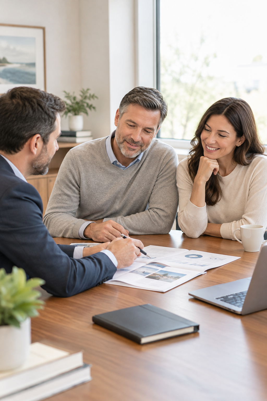 A calm financial advisor meeting with a couple at a polished desk, reviewing long-term planning documents in a bright, welcoming office