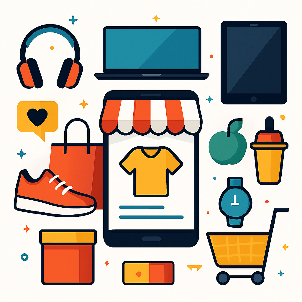 多品类商城插画，包含服装、数码产品、食品等图标