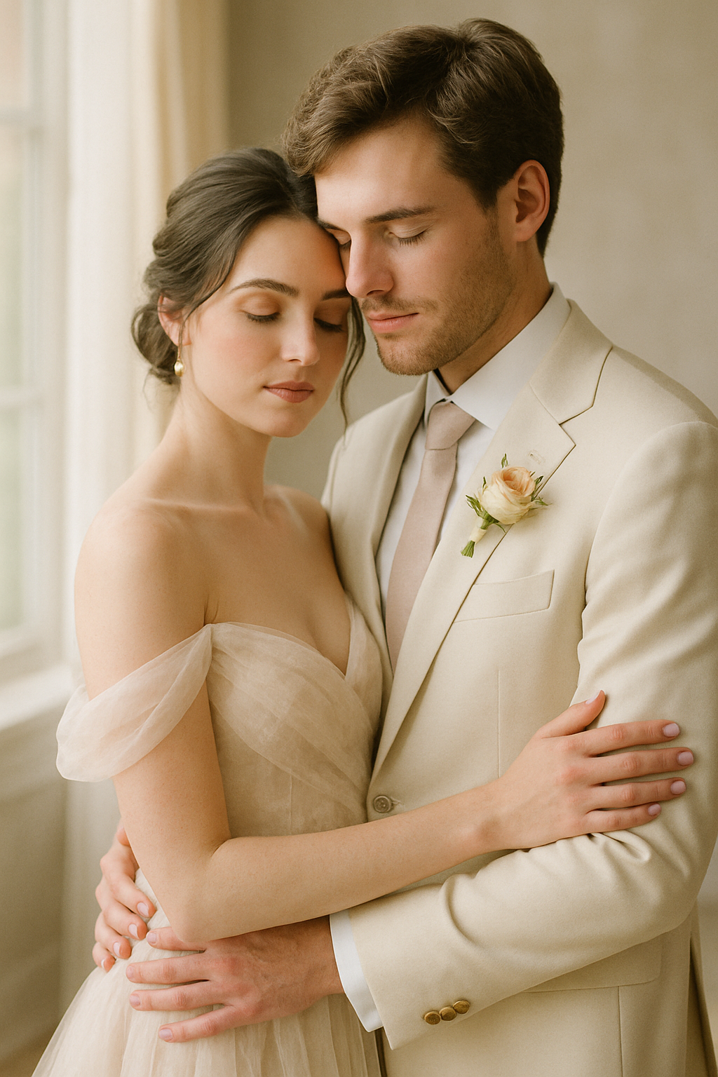 Elegant editorial wedding portrait with soft light and pastel styling