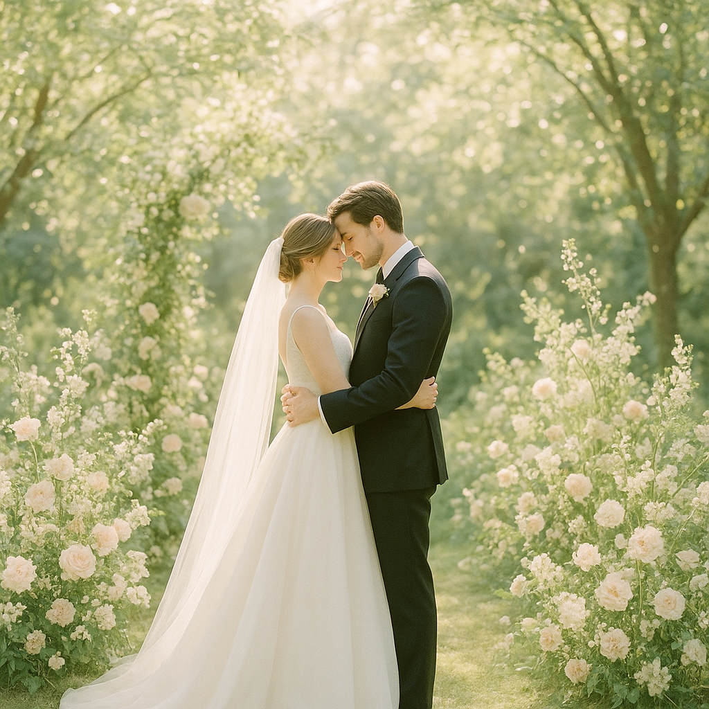 Bride and groom in a sunlit garden embrace