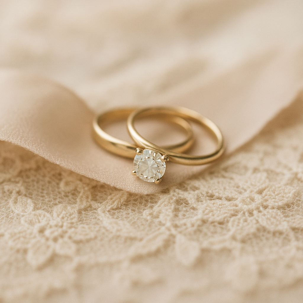 Close-up of delicate wedding rings and silk ribbon