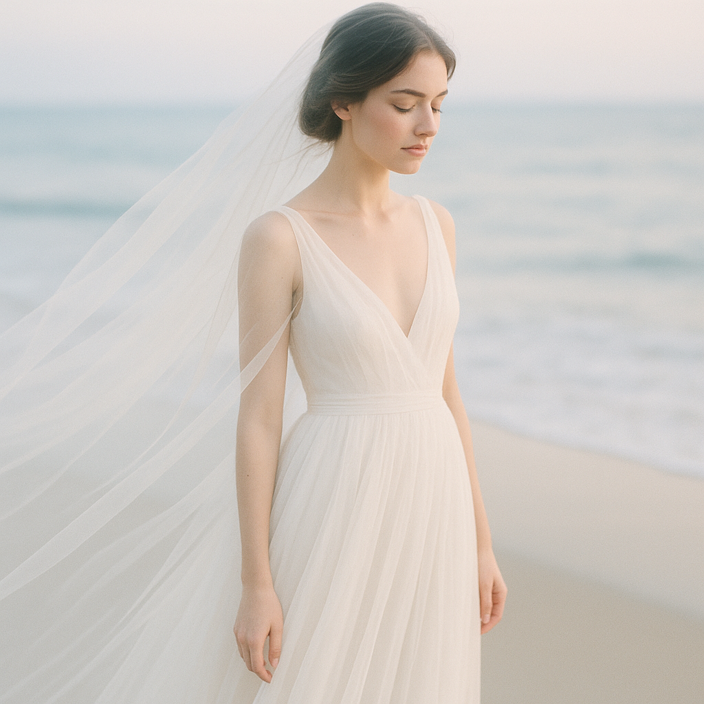 Bride in a flowing veil against a coastal landscape
