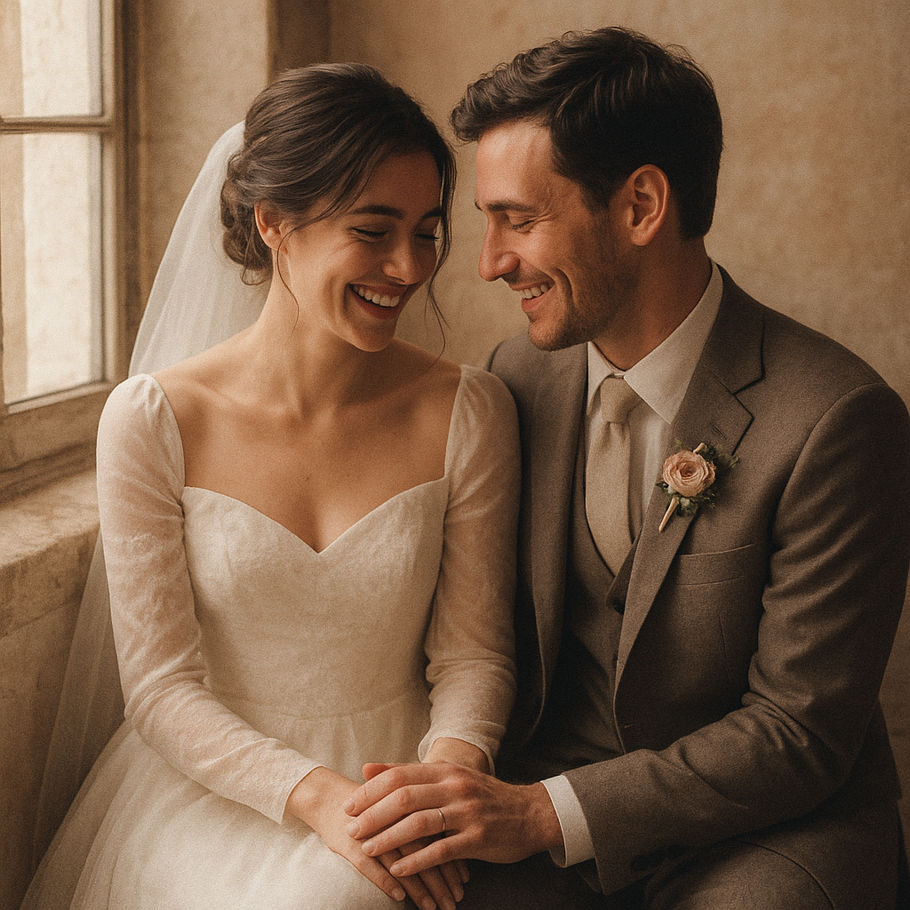 Newlyweds sharing a quiet laugh in soft window light
