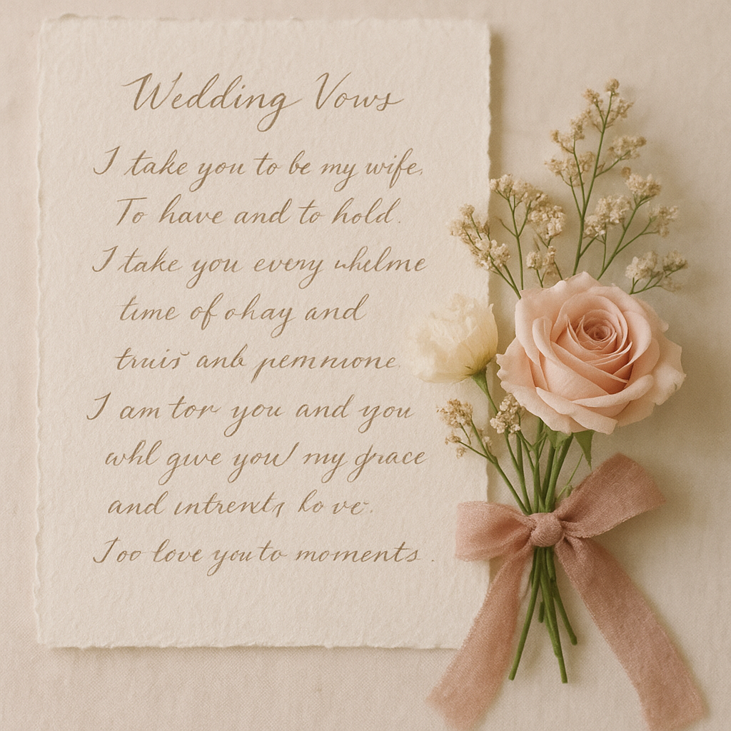 Handwritten vows on textured paper with bouquet beside