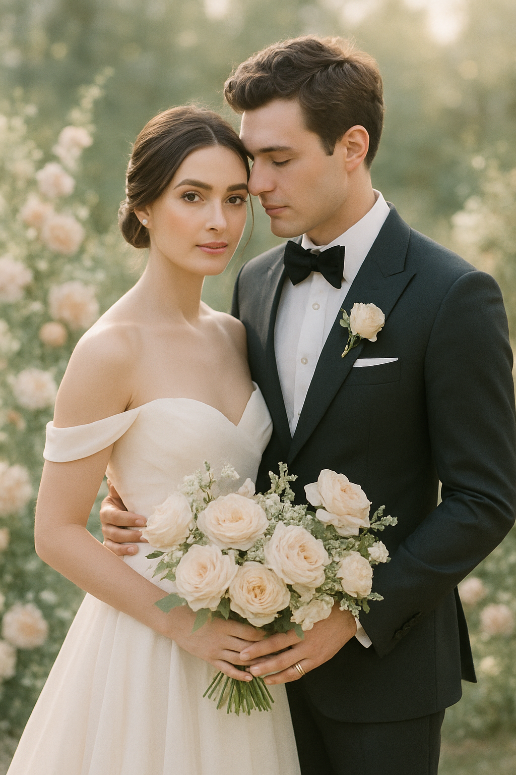 Refined wedding portrait with an elegant couple in soft natural light