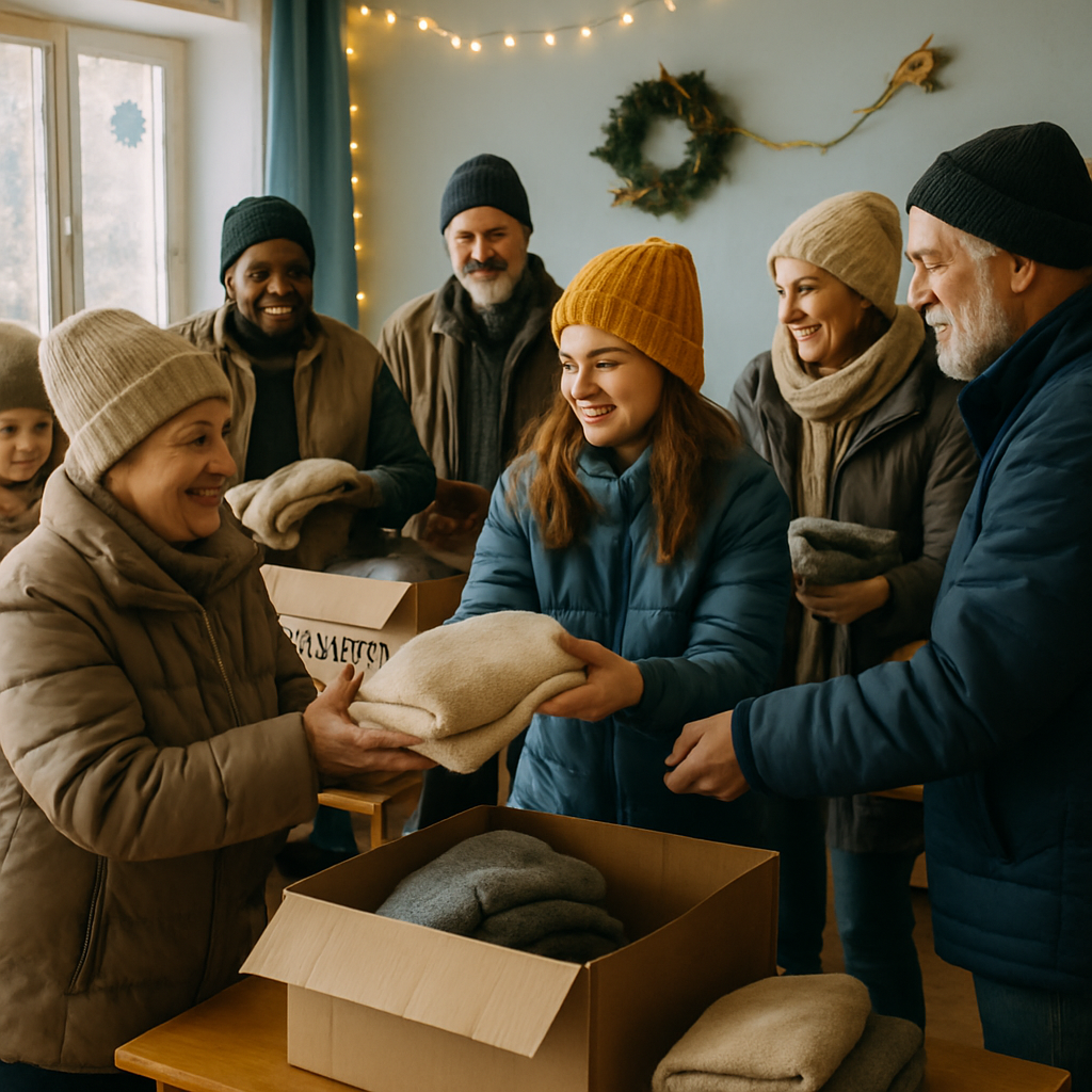 Maria and community volunteers distributing winter supplies and aid packages