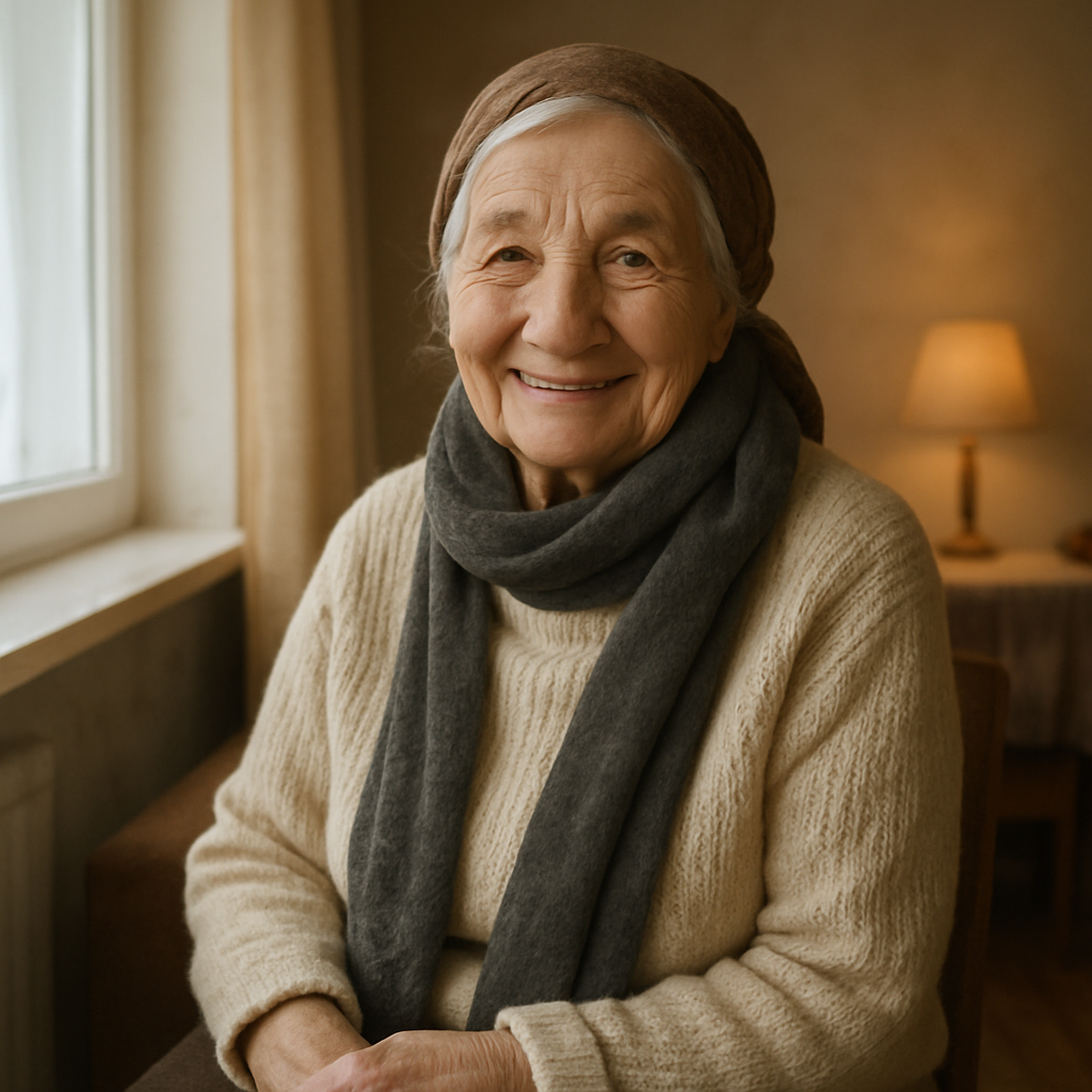 Natalia, an elderly woman, wearing warm clothing and smiling in her home