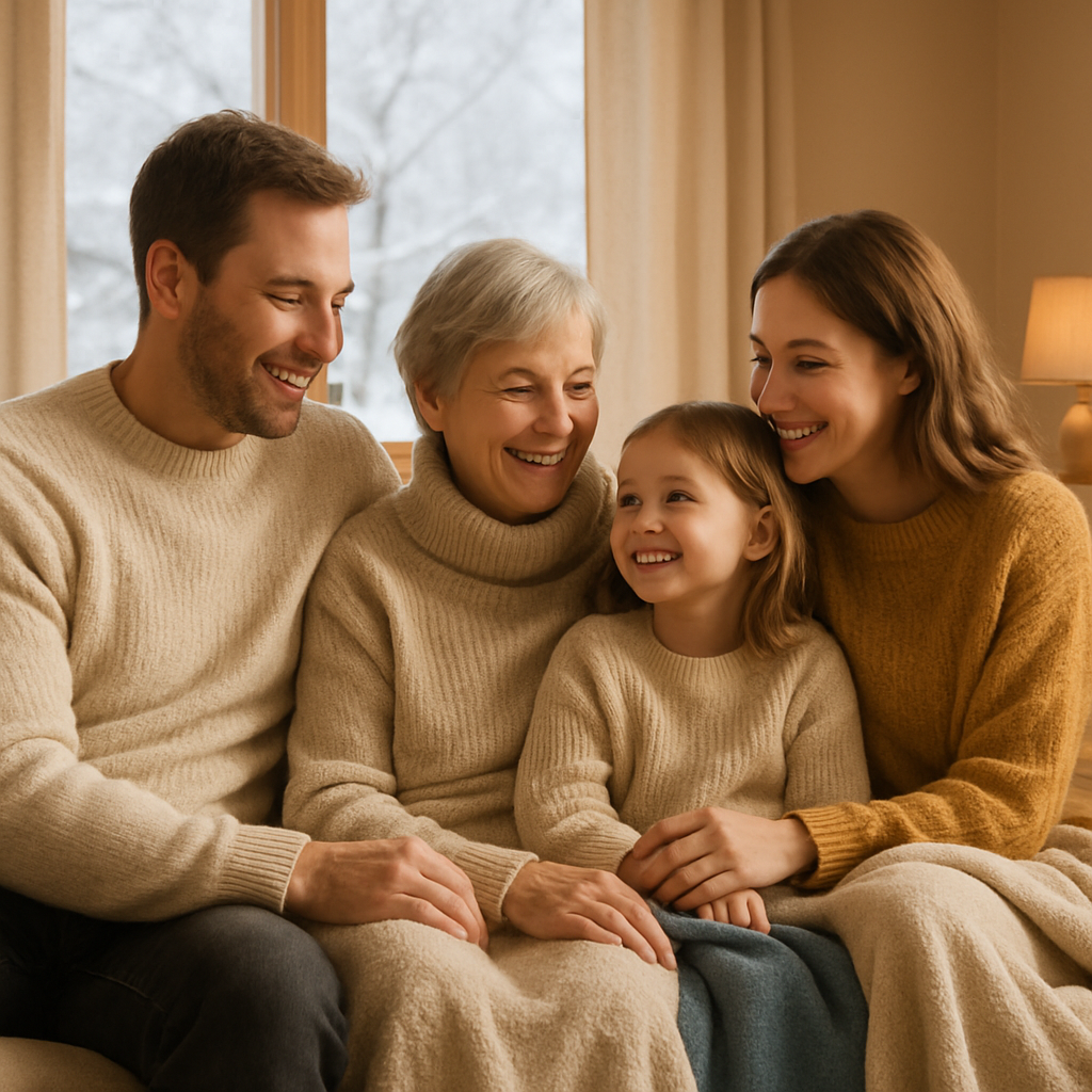 Volodymyr's family sitting together in their warm living room during winter