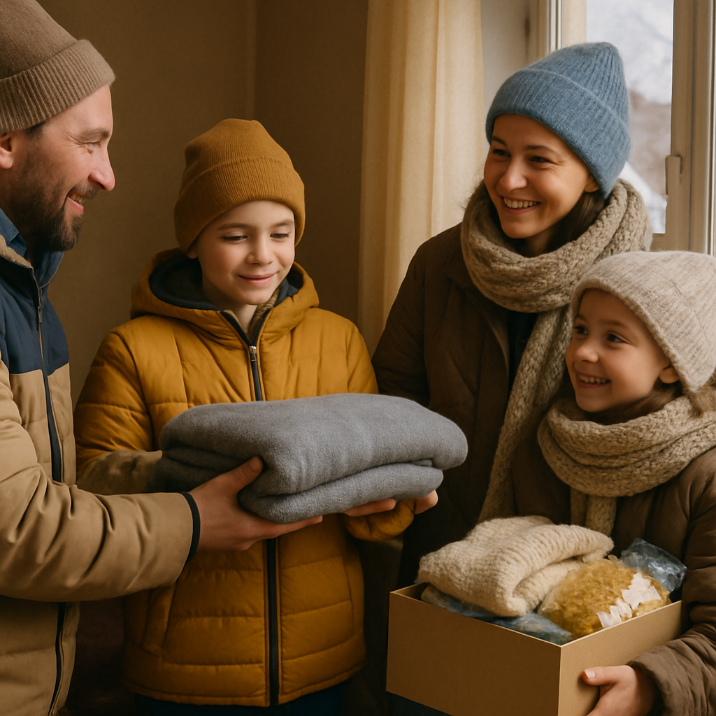 Family receiving winter supplies, embracing warmth and care during winter season
