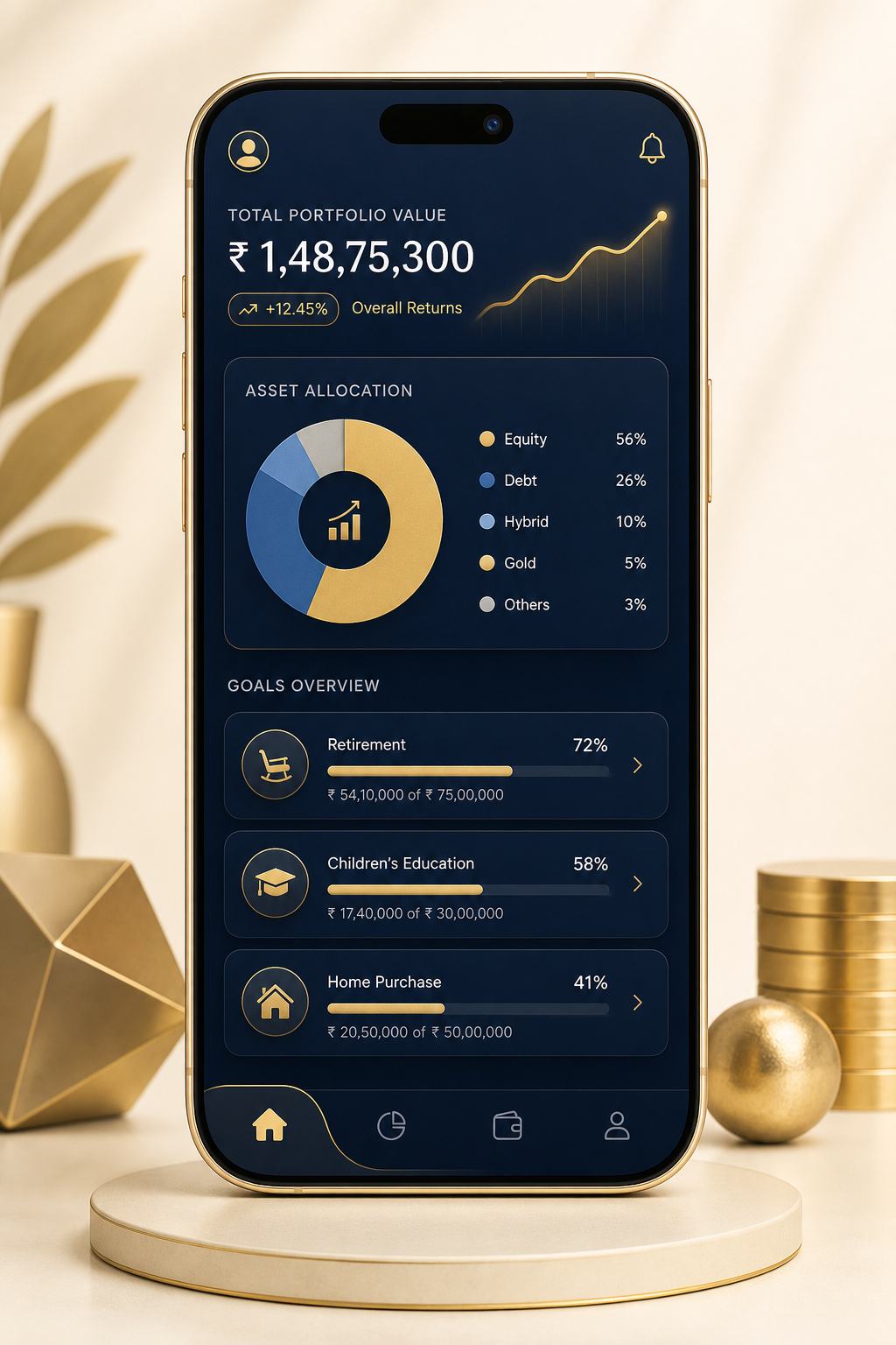 Premium mobile app mockup showing a dark navy financial dashboard with portfolio value, asset allocation chart, and goal progress cards