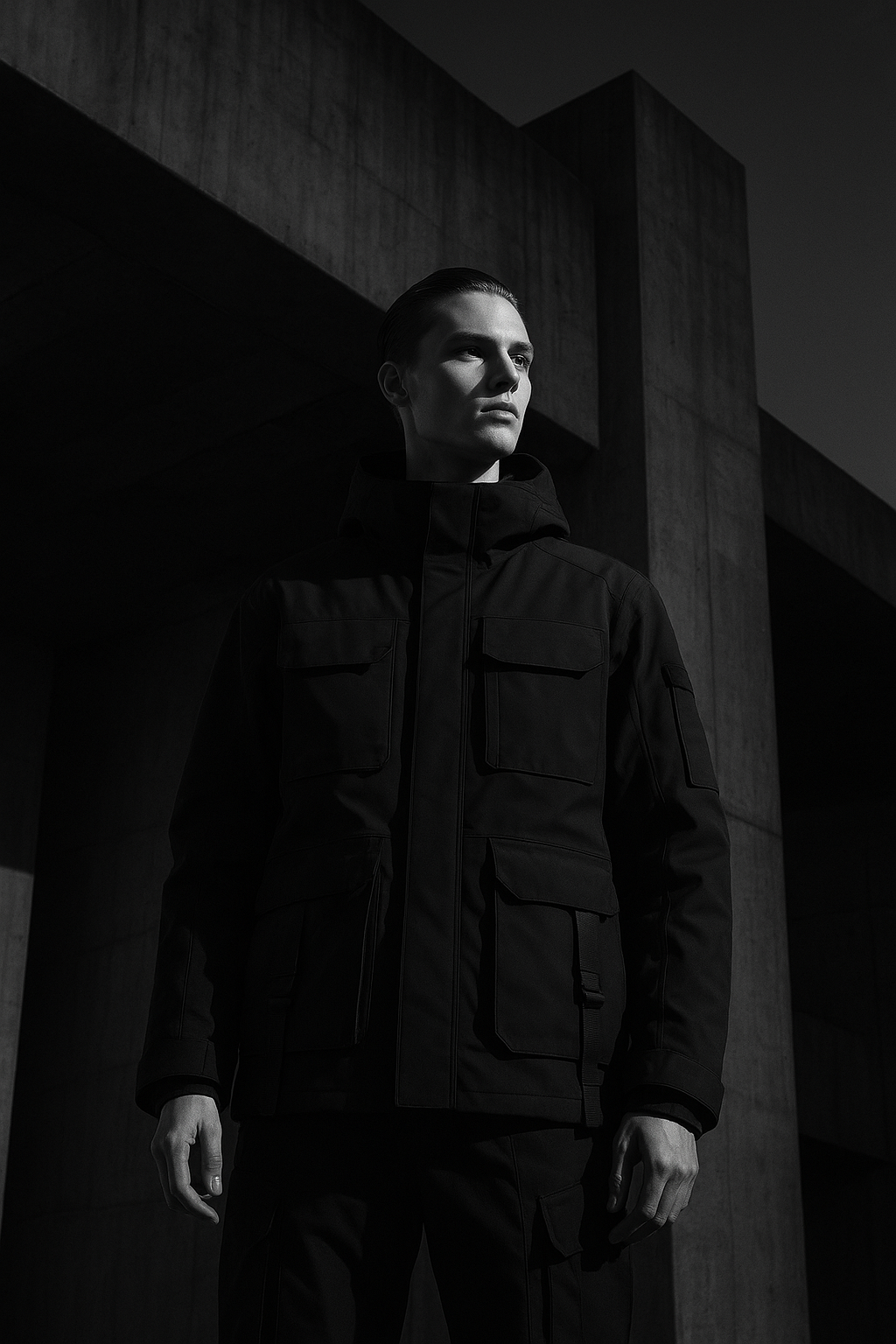 Monochrome editorial scene with a model in structured technical outerwear standing against raw concrete architecture in moody cinematic light