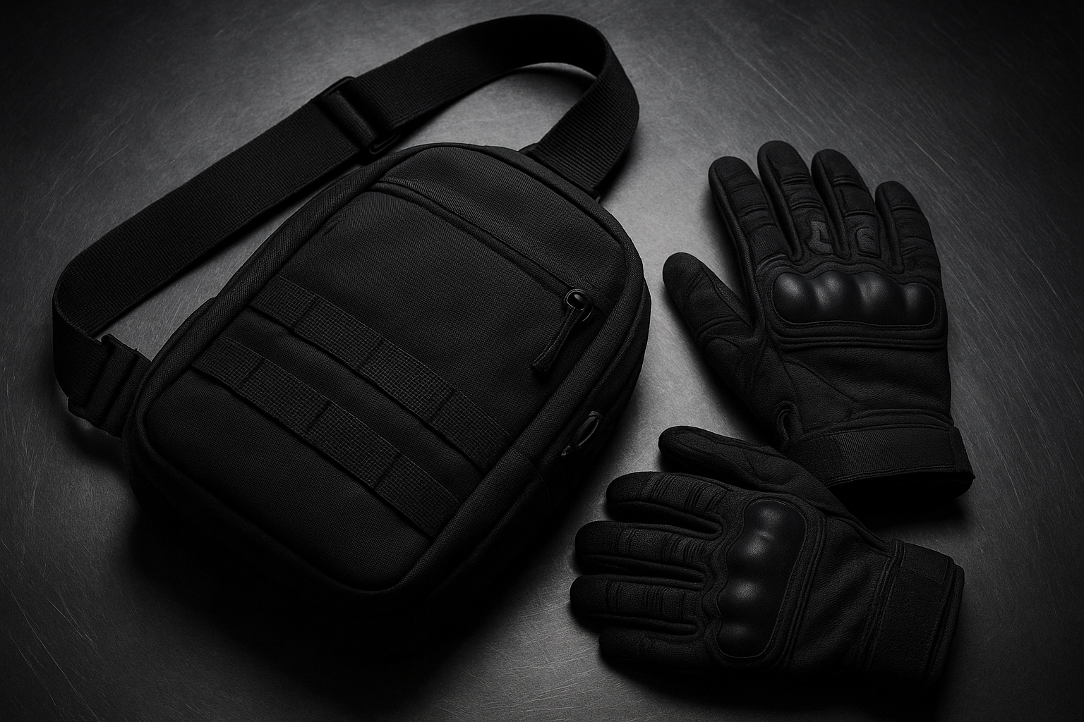 Close-up of black tactical sling bag and modular gloves arranged on brushed metal surface