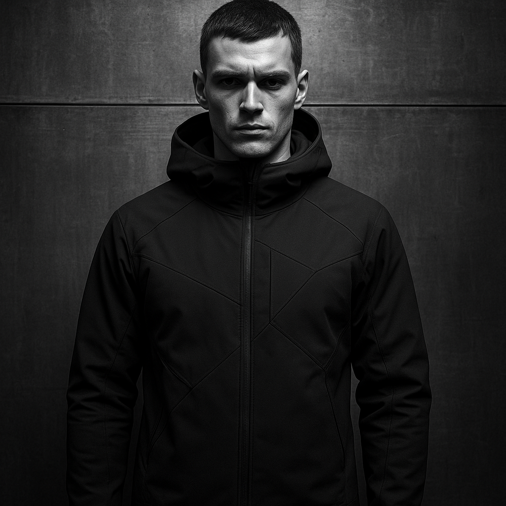 Front-facing model wearing compact tactical hoodie with geometric panel lines against steel wall