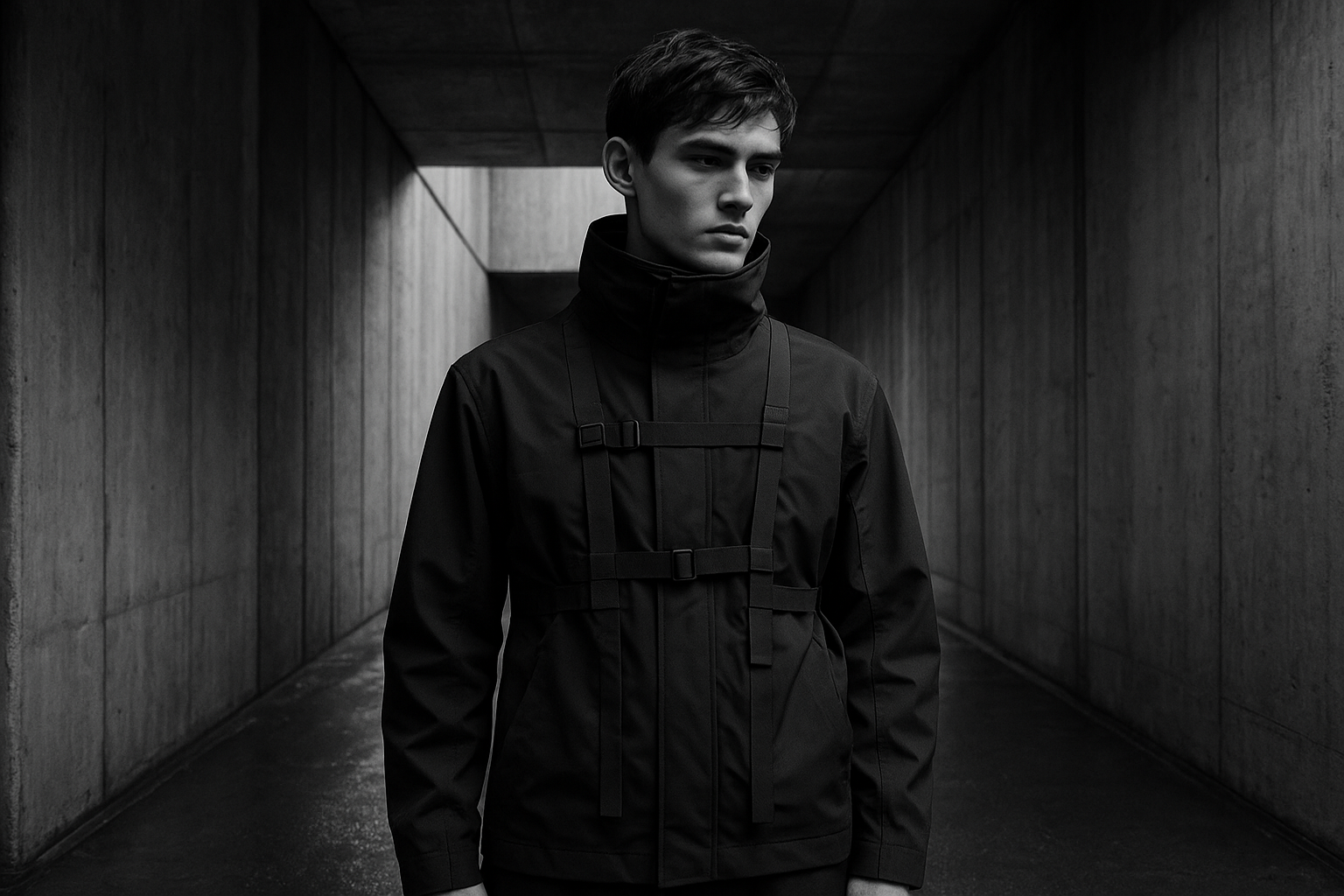 Streetwear silhouette in modular mid-layers with technical straps and high collar in a stark industrial hallway