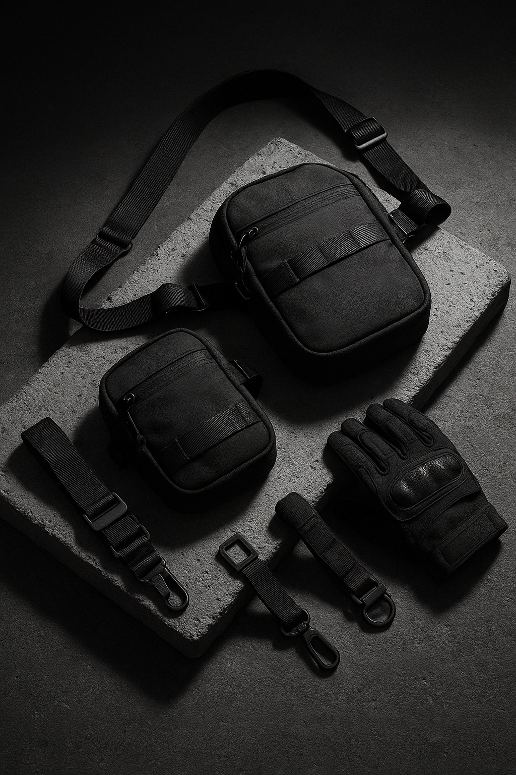 Still-life arrangement of black modular sling bags, straps, and gloves on raw concrete slab