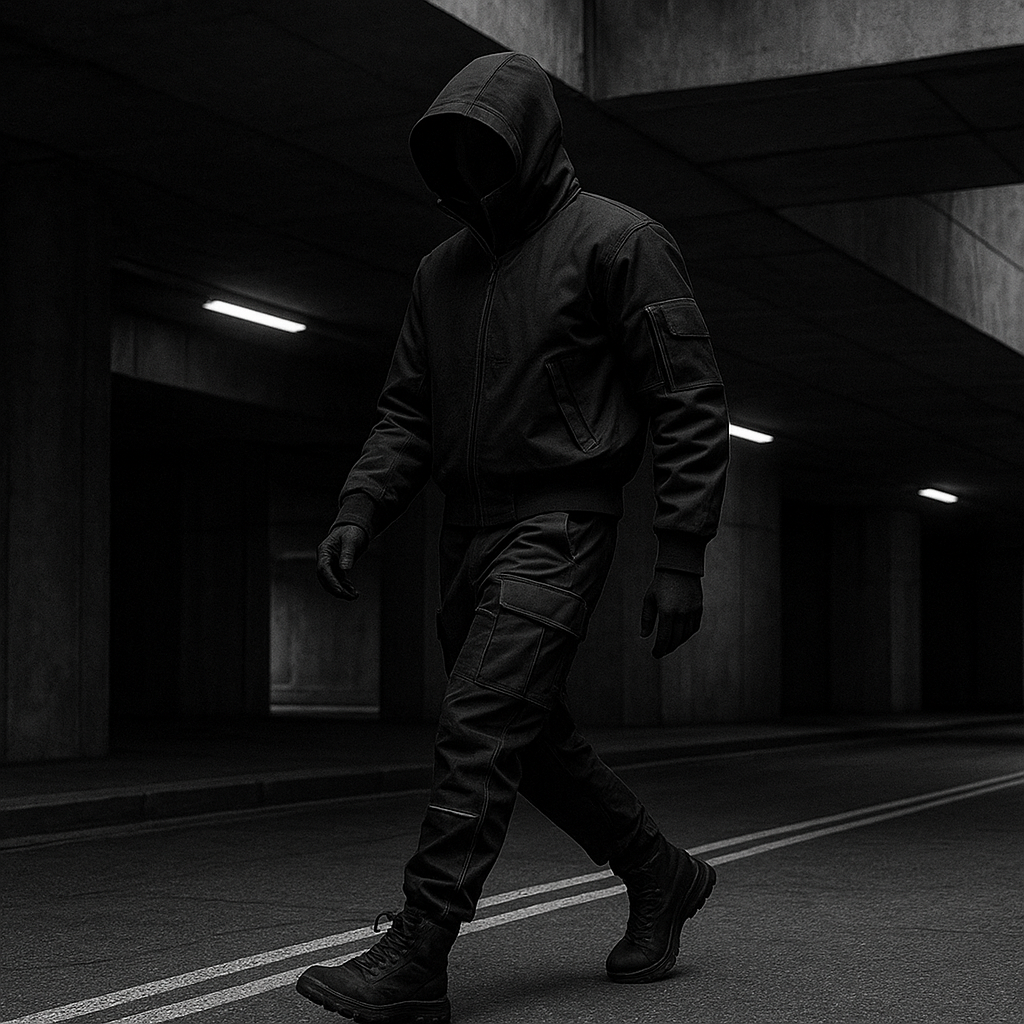 Figure crossing illuminated underpass in cropped technical bomber and articulated cargo pants