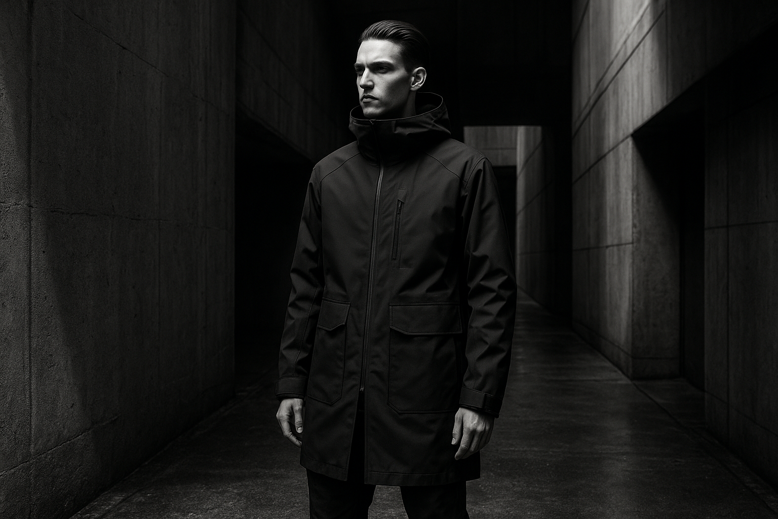 Monochrome techwear model in a structured long shell jacket standing in a concrete alley with architectural shadows