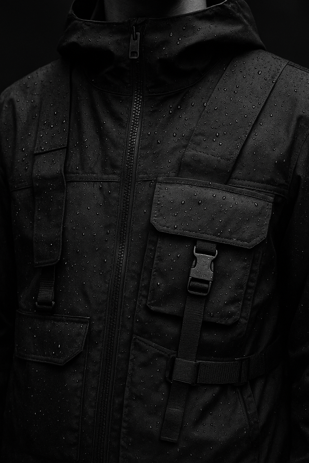 Cropped monochrome portrait of utility vest and taped seams with droplets over dark nylon