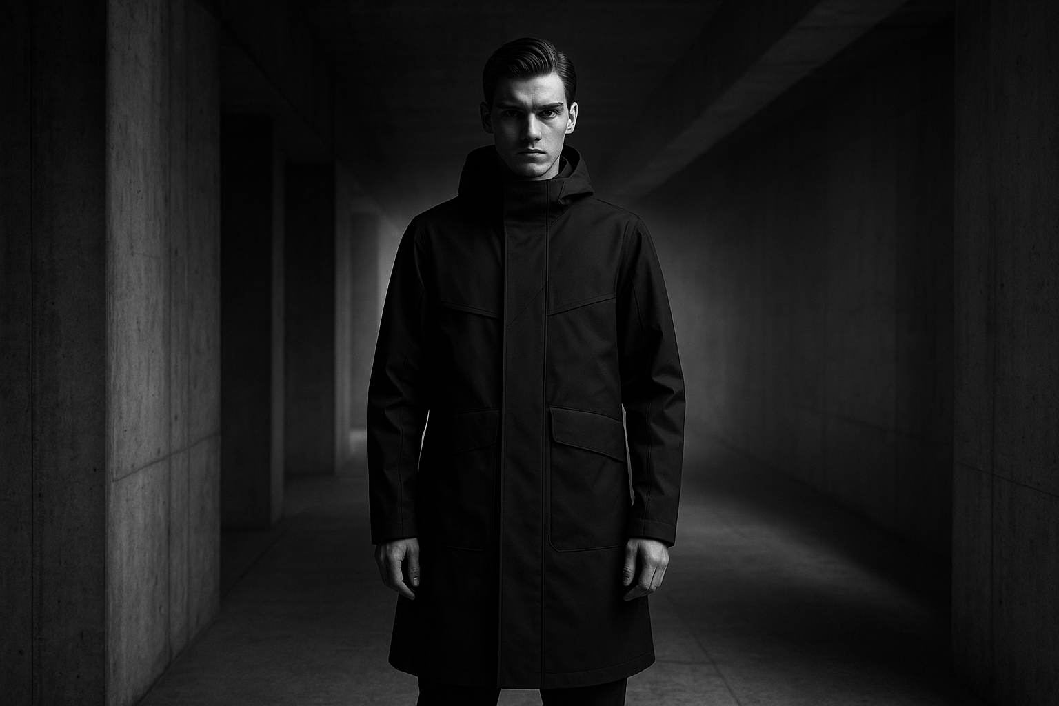 Model in structured long technical shell coat with matte black fabric panels in a concrete transit corridor