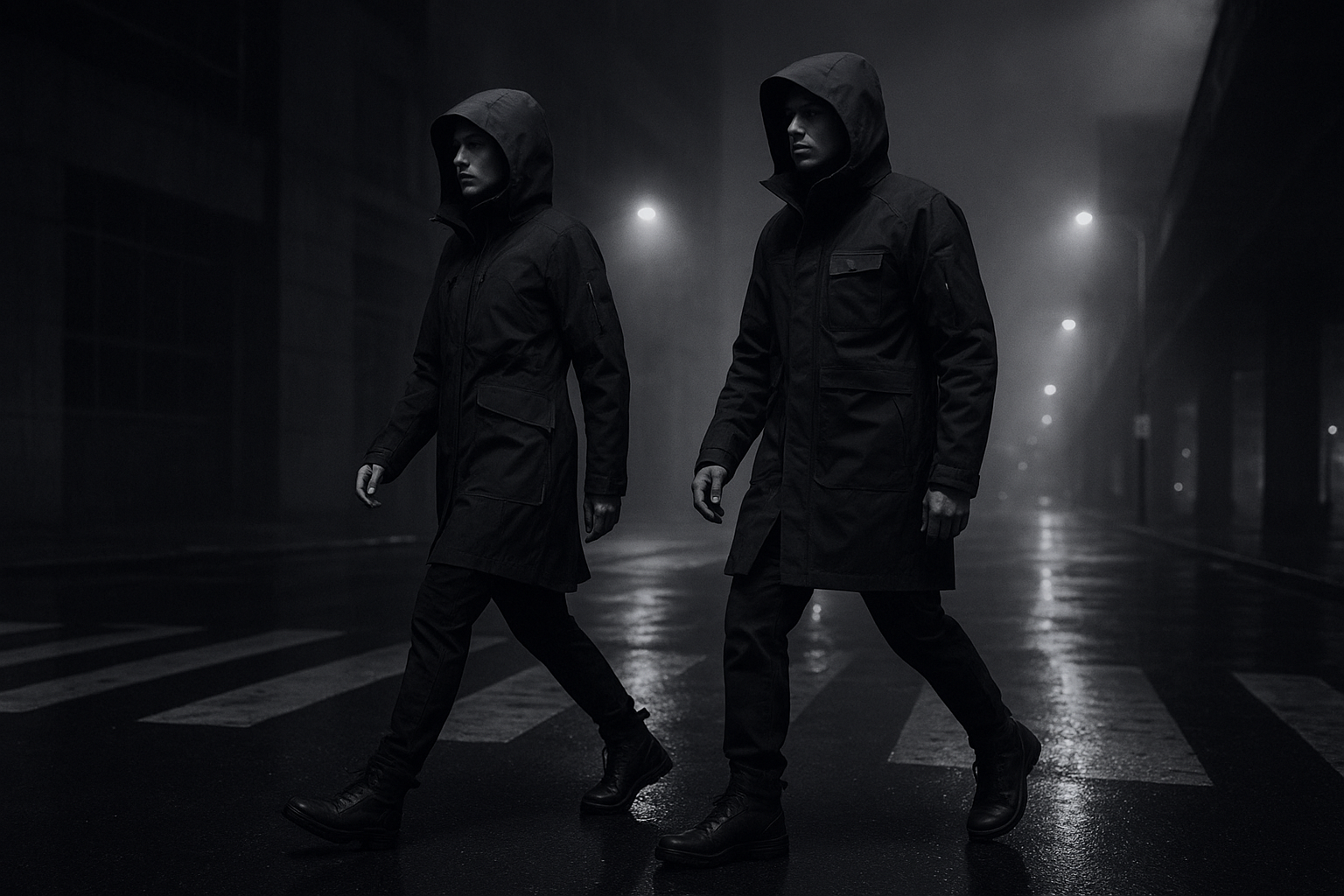 Two models crossing a wet urban street in hooded technical coats under misty night lighting