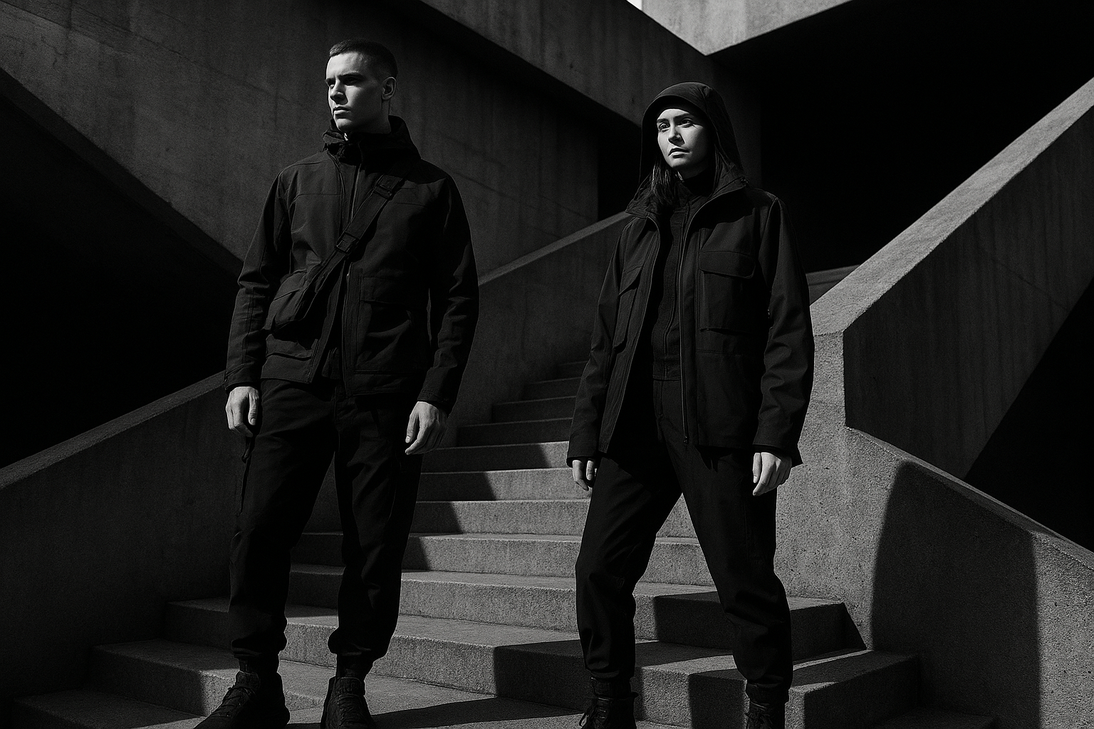 Two models in monochrome layering set against brutalist stair geometry with directional light