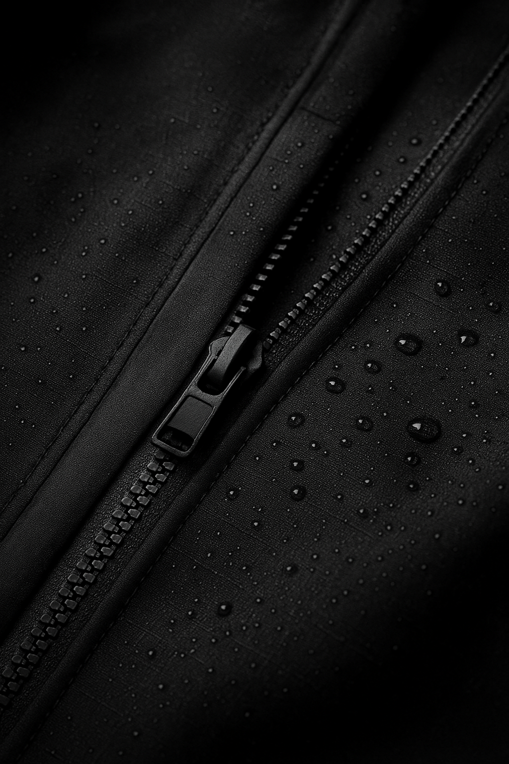 Close-up of weather-sealed zipper, taped seams, and textured nylon fabric