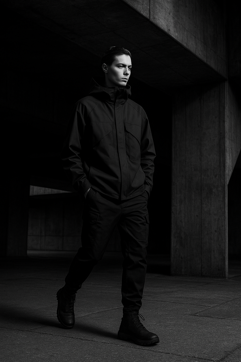 Model in matte black technical shell walking through a concrete underpass