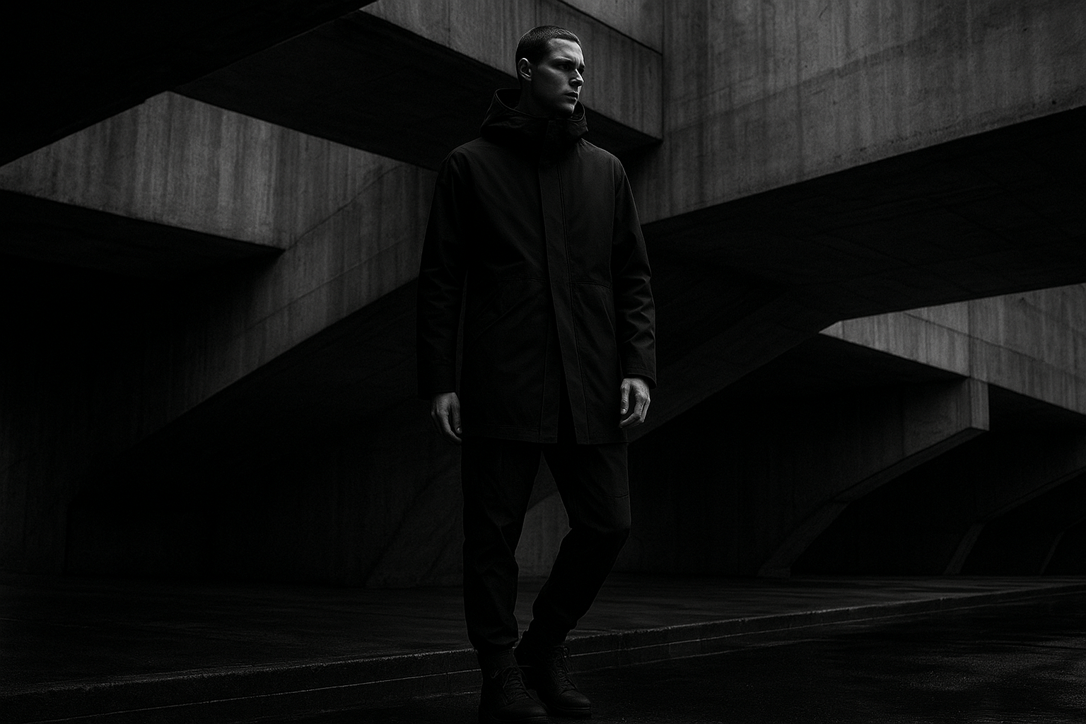 Model wearing black technical outerwear in a raw concrete urban passage with dramatic directional light