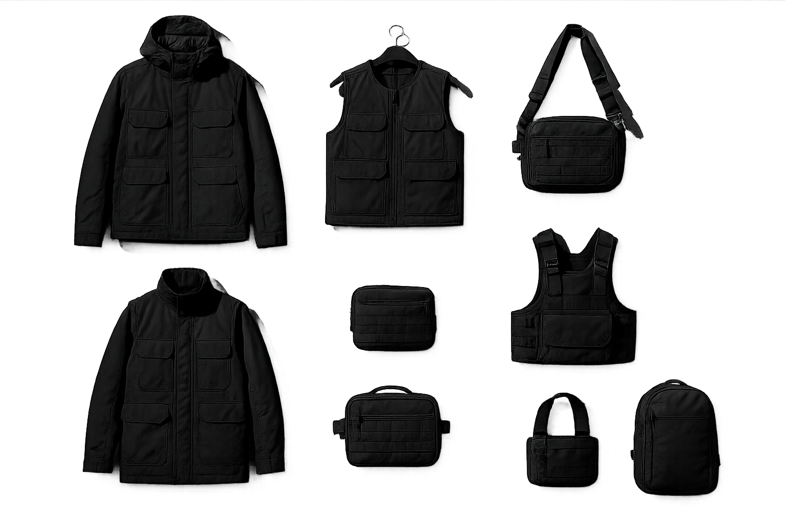 Monochrome wall of modular outerwear and tactical accessories arranged in strict grid