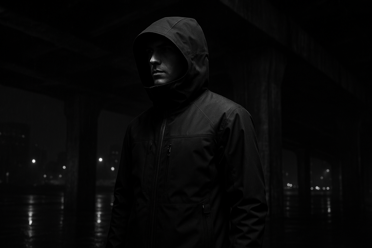 Model in matte black shell jacket under wet city overpass lights at night