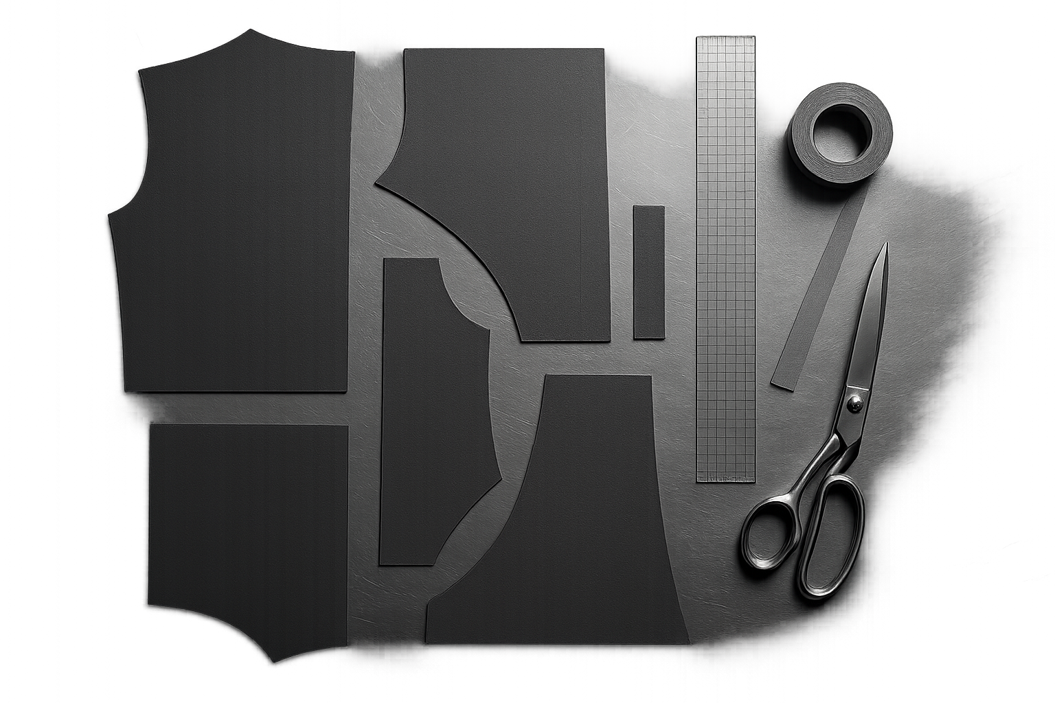 Top-down view of charcoal technical pattern pieces, rulers, and seam tape on steel table