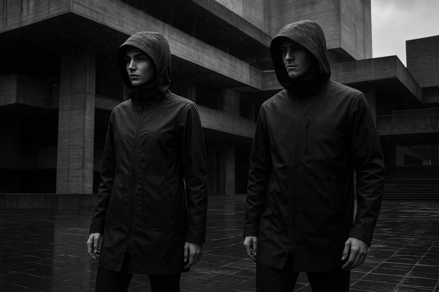 Two models crossing rain-soaked concrete plaza in hooded waterproof coats