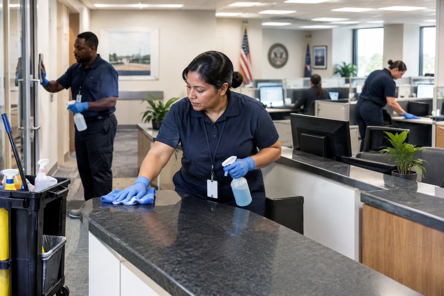 Janitorial team disinfecting high-touch desks and reception surfaces inside an occupied government office